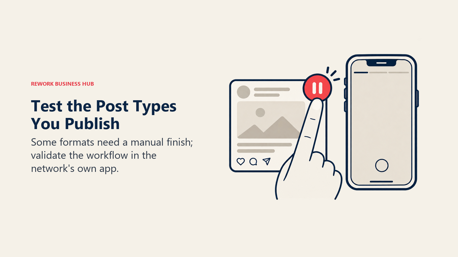 A cream-colored hand pauses a scheduled post beside a phone for a native-app publishing step.