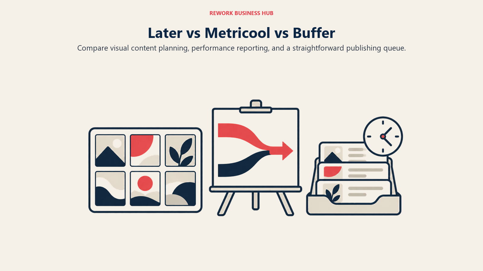 Later visual planning, Metricool reporting and a Buffer publishing queue appear as three distinct objects.