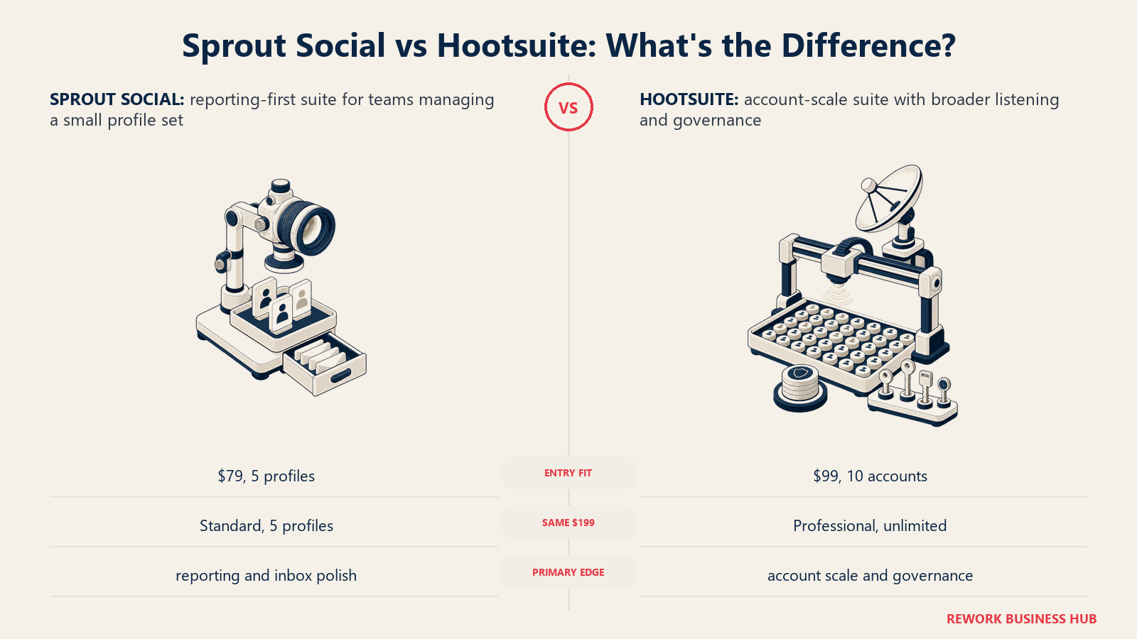 Sprout Social vs Hootsuite shown as a precision reporting tray compared with a wide account-governance gantry