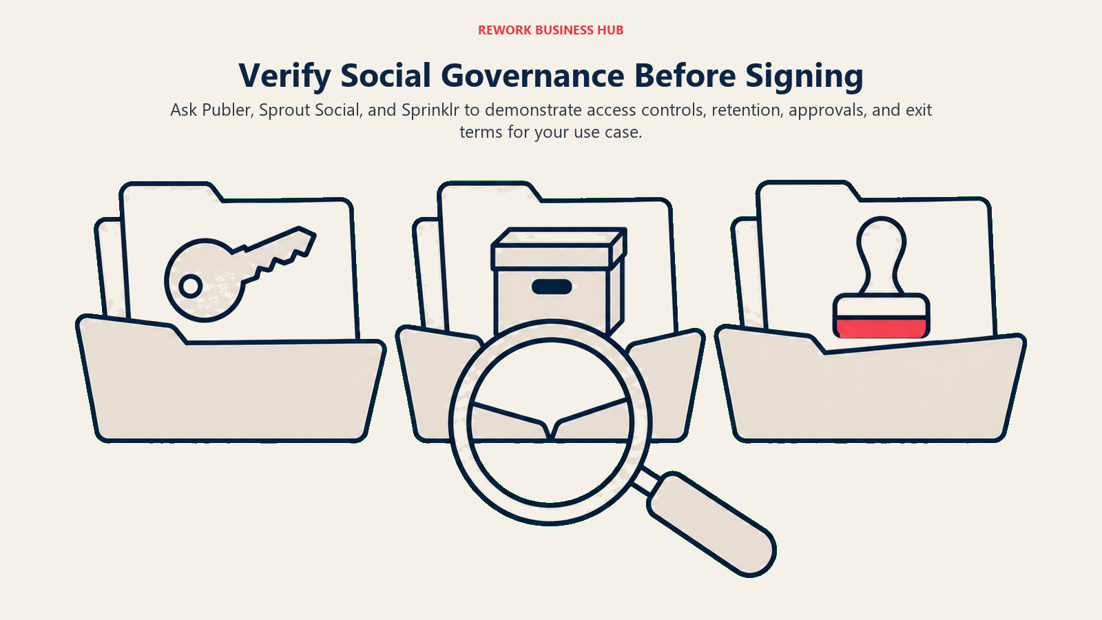 Verify Social Governance Before Signing: evidence review illustrating ask Publer, Sprout Social, and Sprinklr to demonstrate access controls, retention, approvals, and exit terms for your use case.