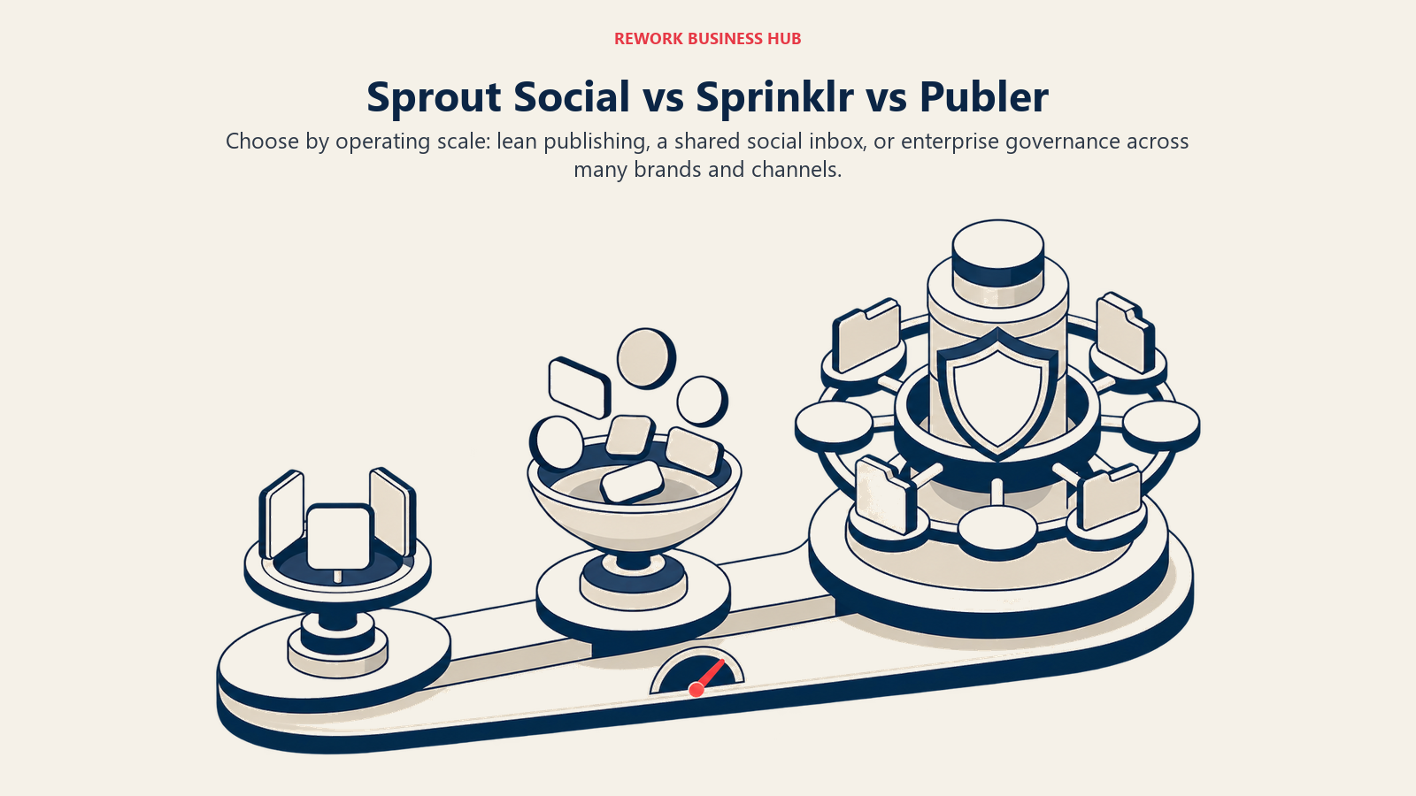 Sprout Social, Sprinklr, and Publer represented as social media workstations sized for small, mid-market, and enterprise teams