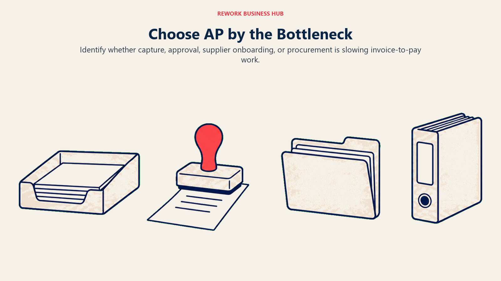 Choose AP by the Bottleneck: bottleneck gates illustrating identify whether capture, approval, supplier onboarding, or procurement is slowing invoice-to-pay work.