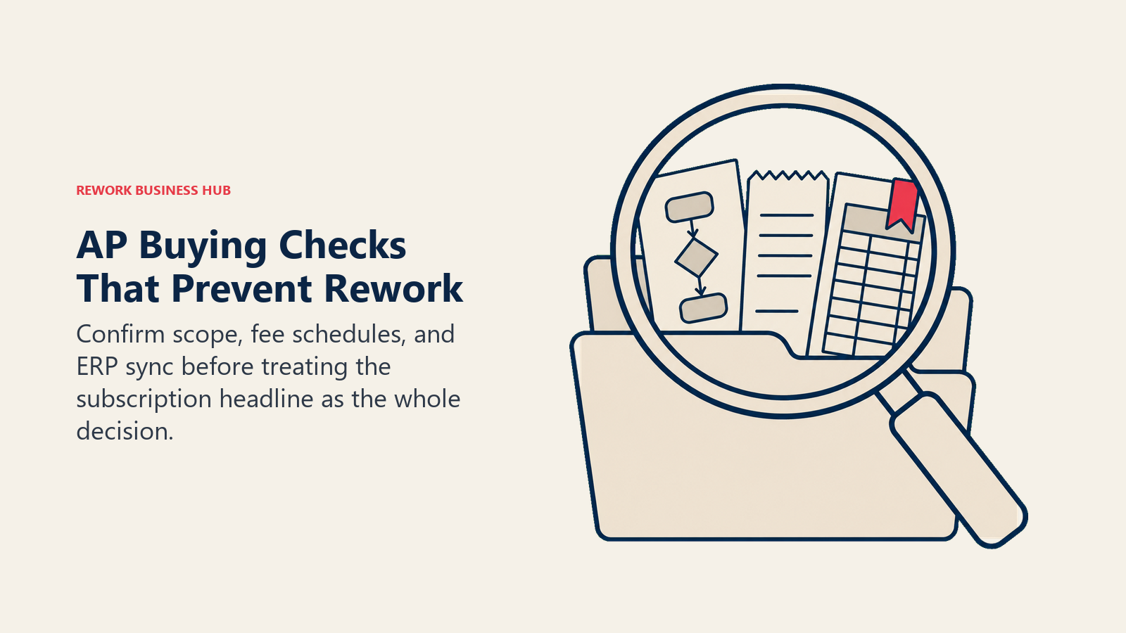 AP Buying Checks That Prevent Rework: inspection lens illustrating confirm scope, fee schedules, and ERP sync before treating the subscription headline as the whole decision.