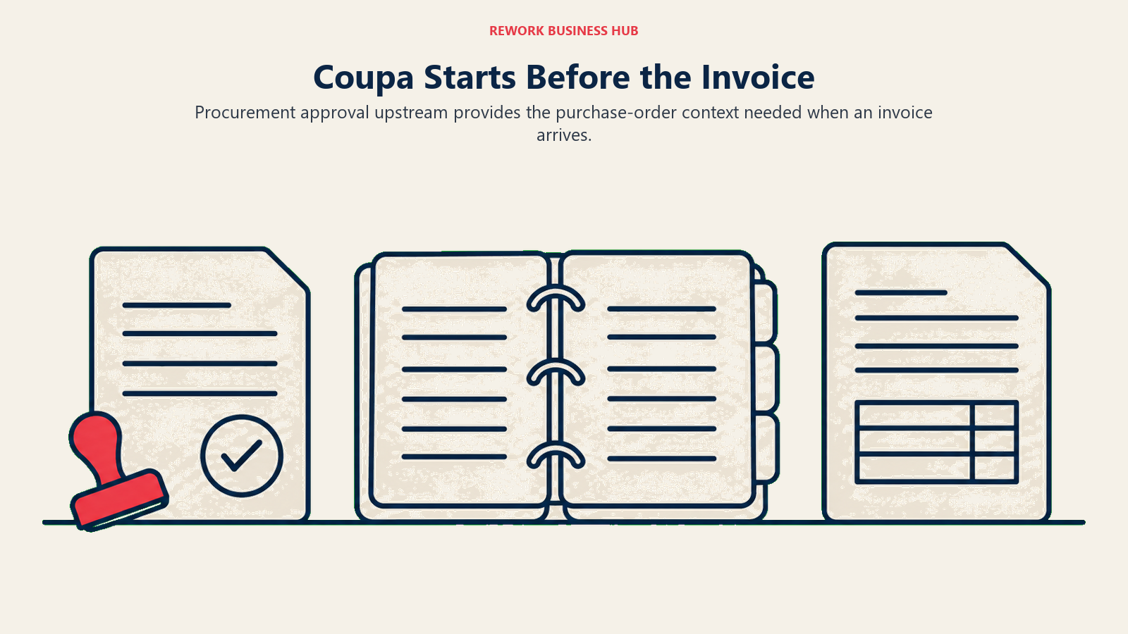 Coupa Starts Before the Invoice: purchase sequence illustrating procurement approval upstream provides the purchase-order context needed when an invoice arrives.