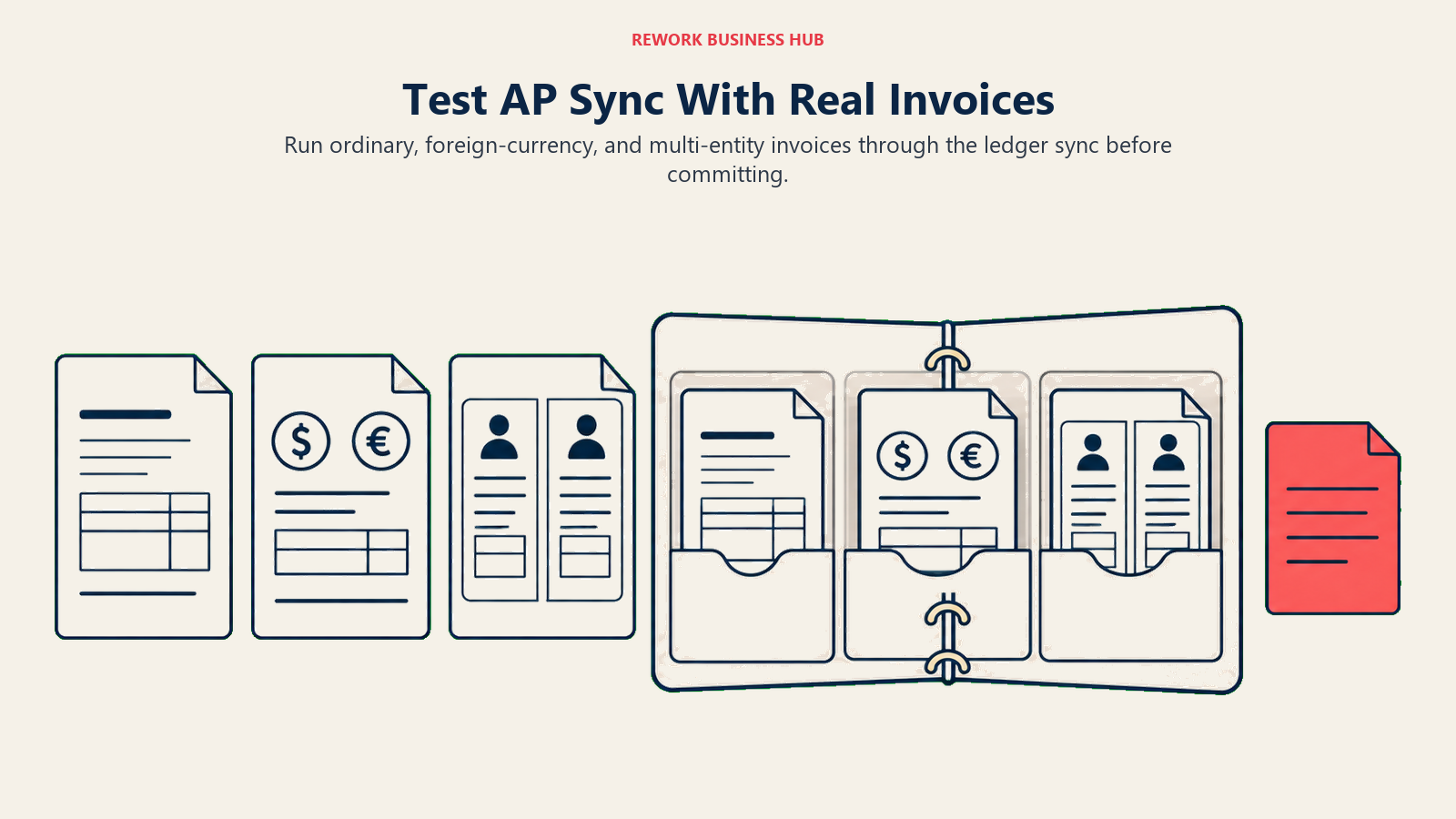 Test AP Sync With Real Invoices: sync workbench illustrating run ordinary, foreign-currency, and multi-entity invoices through the ledger sync before committing.