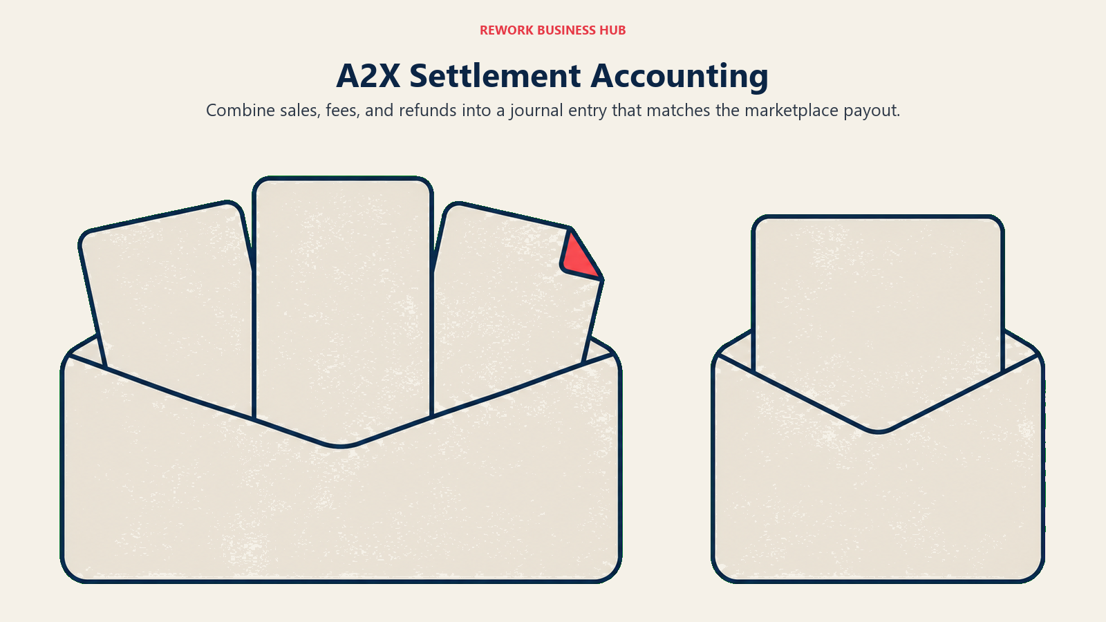 A2X Settlement Accounting: settlement envelope illustrating combine sales, fees, and refunds into a journal entry that matches the marketplace payout.