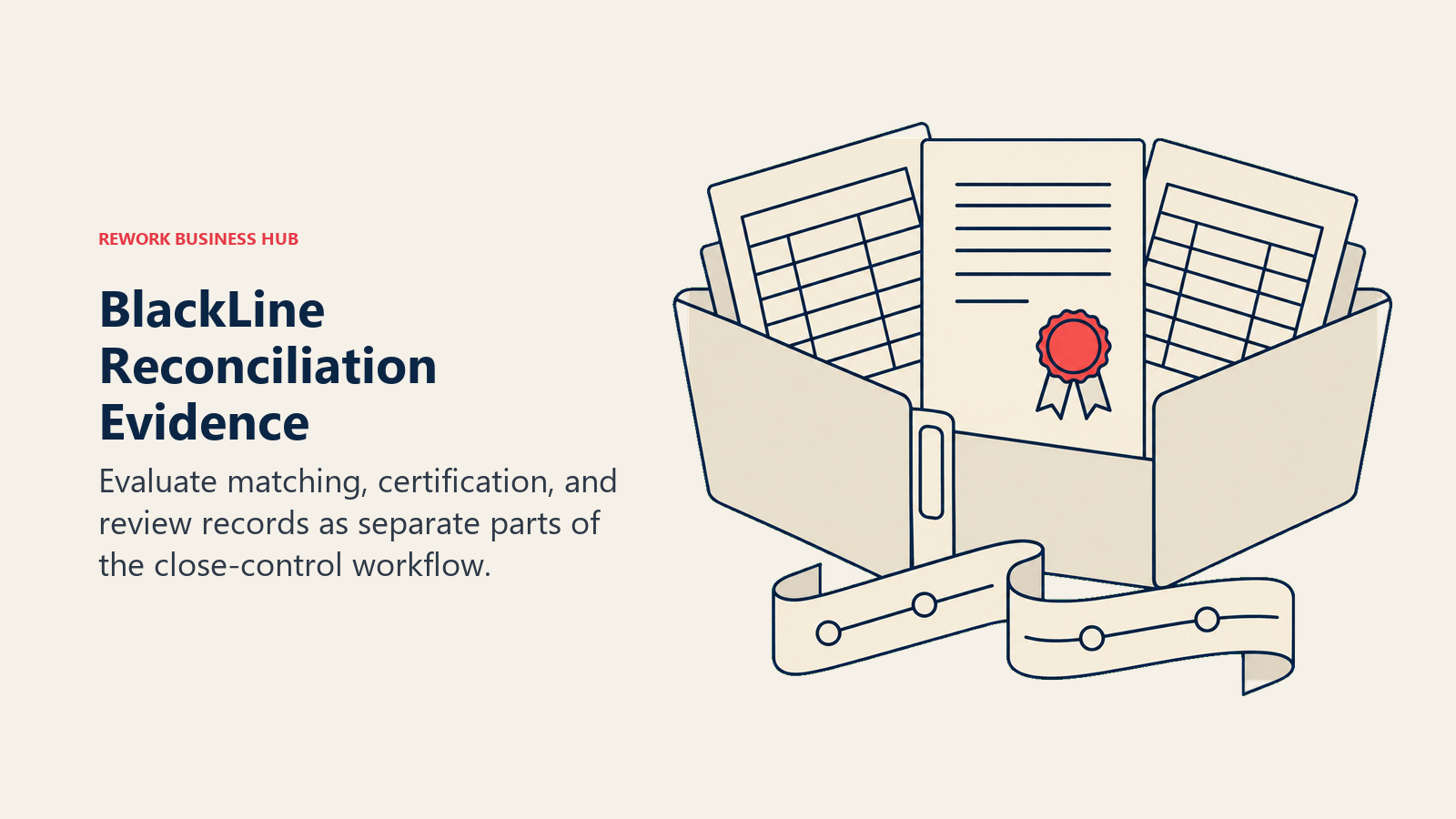 BlackLine Reconciliation Evidence: evidence seal illustrating evaluate matching, certification, and review records as separate parts of the close-control workflow.