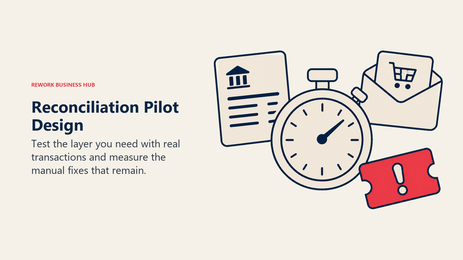 Reconciliation Pilot Design: pilot bench illustrating test the layer you need with real transactions and measure the manual fixes that remain.