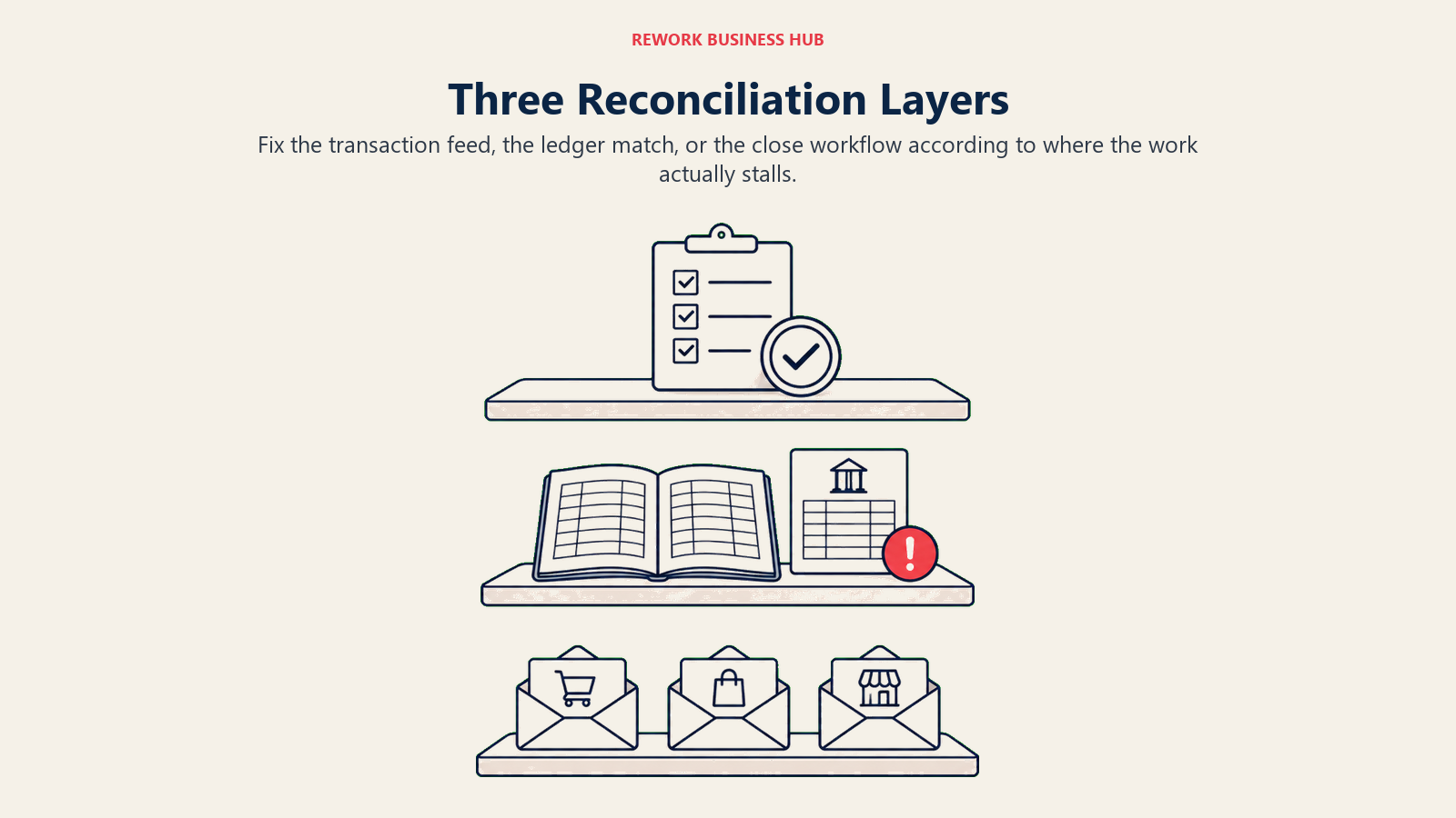 Three Reconciliation Layers: open layers illustrating fix the transaction feed, the ledger match, or the close workflow according to where the work actually stalls.