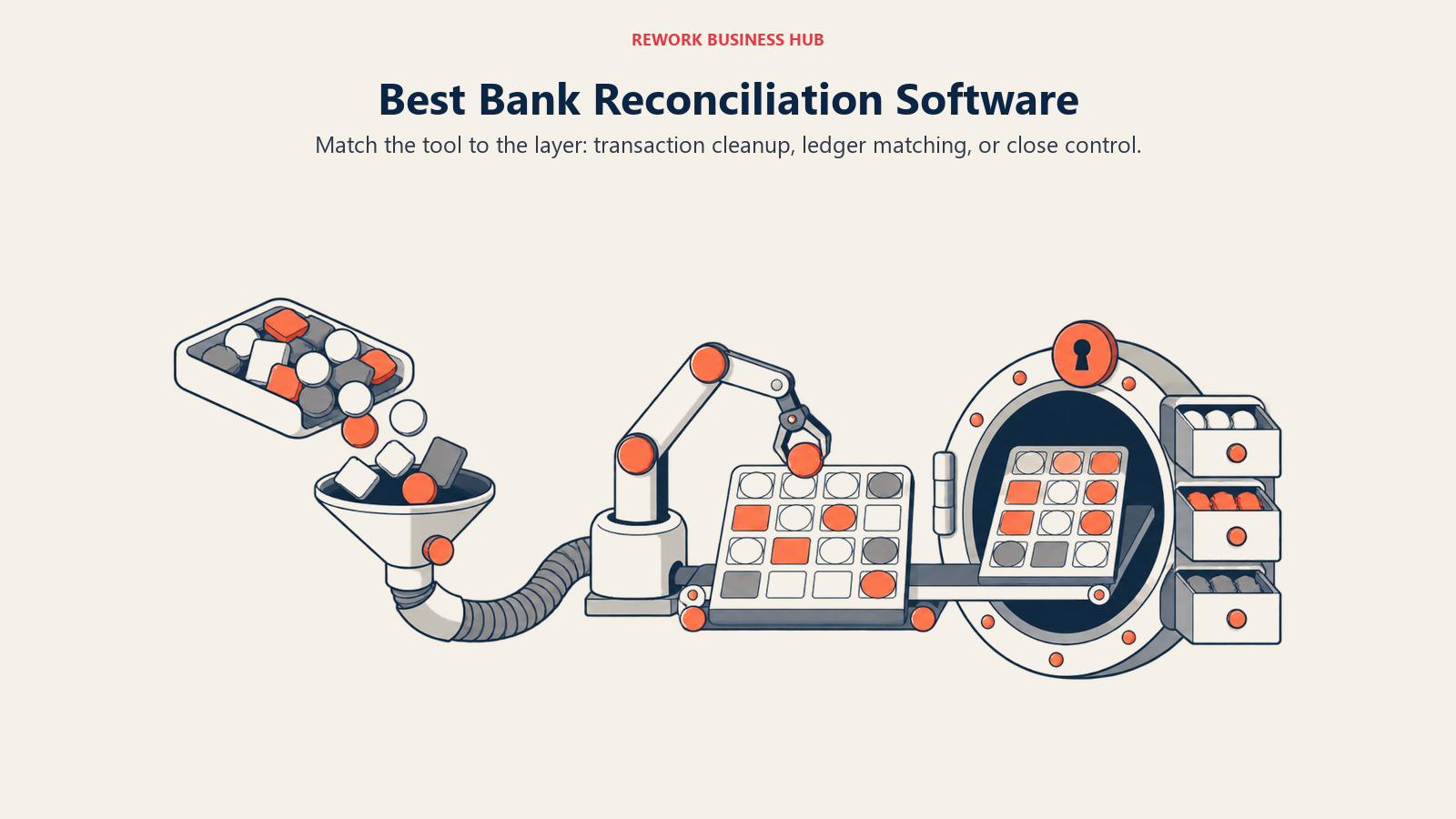 Bank reconciliation software shown as transaction cleanup, ledger matching, and month-end close-control layers