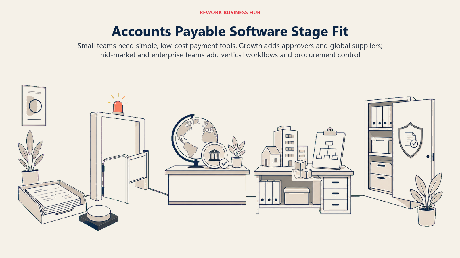 Accounts payable software stage fit growing from a simple bill tray to global supplier, vertical workflow, and procurement controls