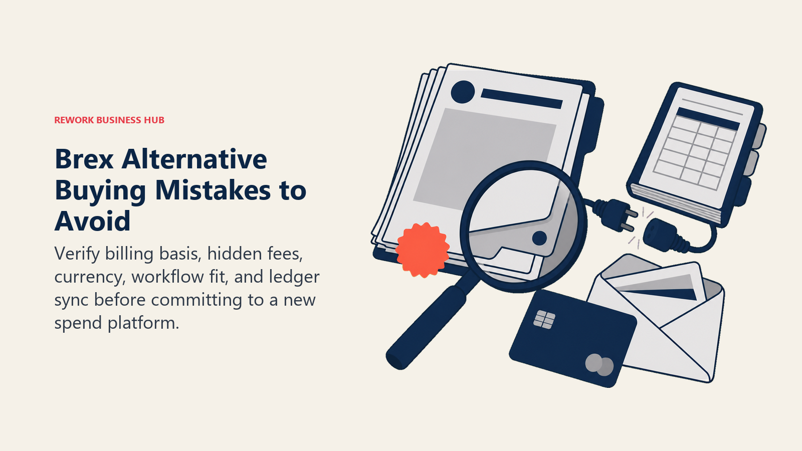 Brex alternative buying mistakes shown as a vendor proposal inspected for hidden fees, workflow mismatch, and broken accounting sync
