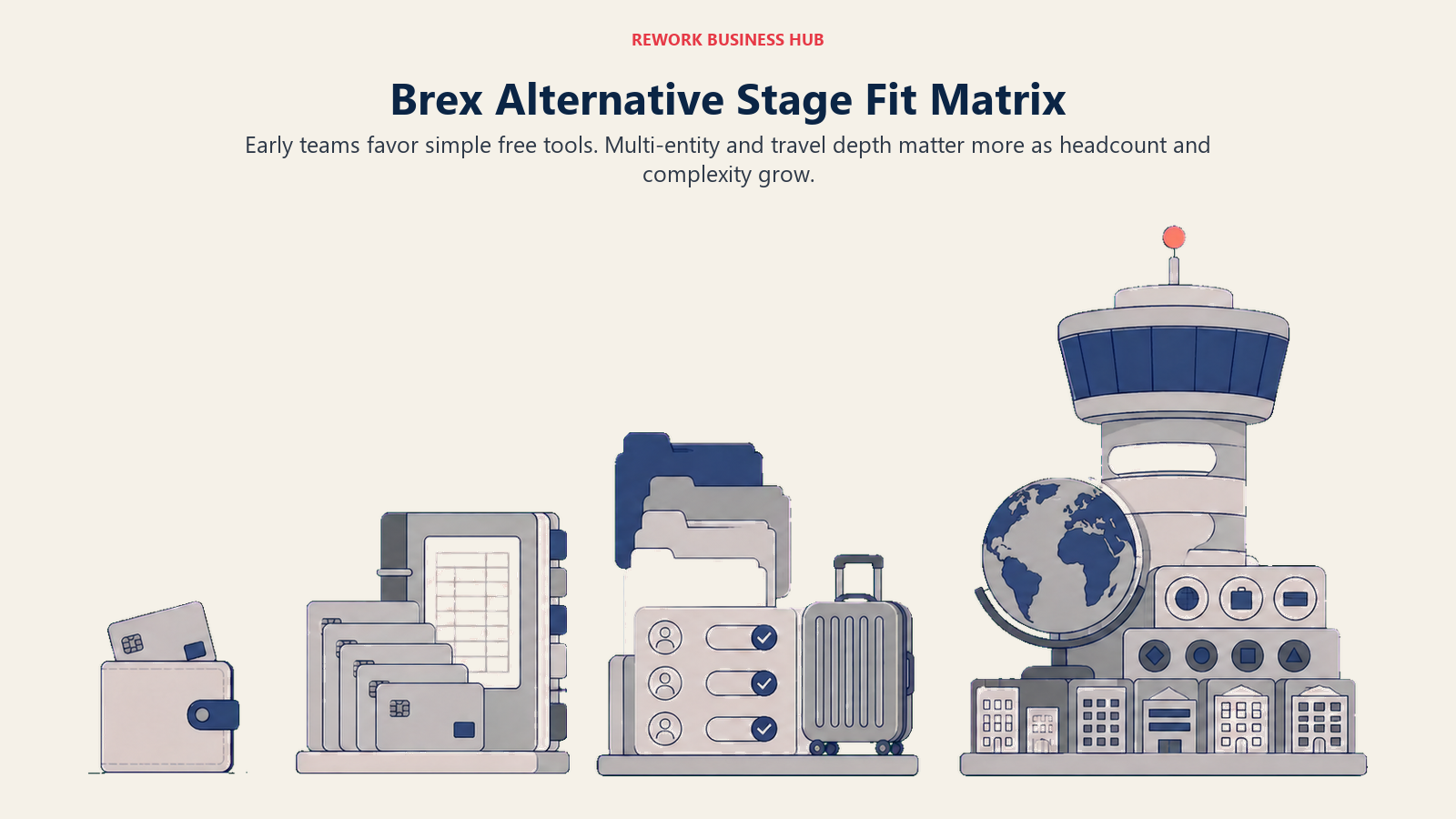 Brex alternative stage fit matrix showing spend platform complexity across startup, growth, mid-market, and enterprise teams