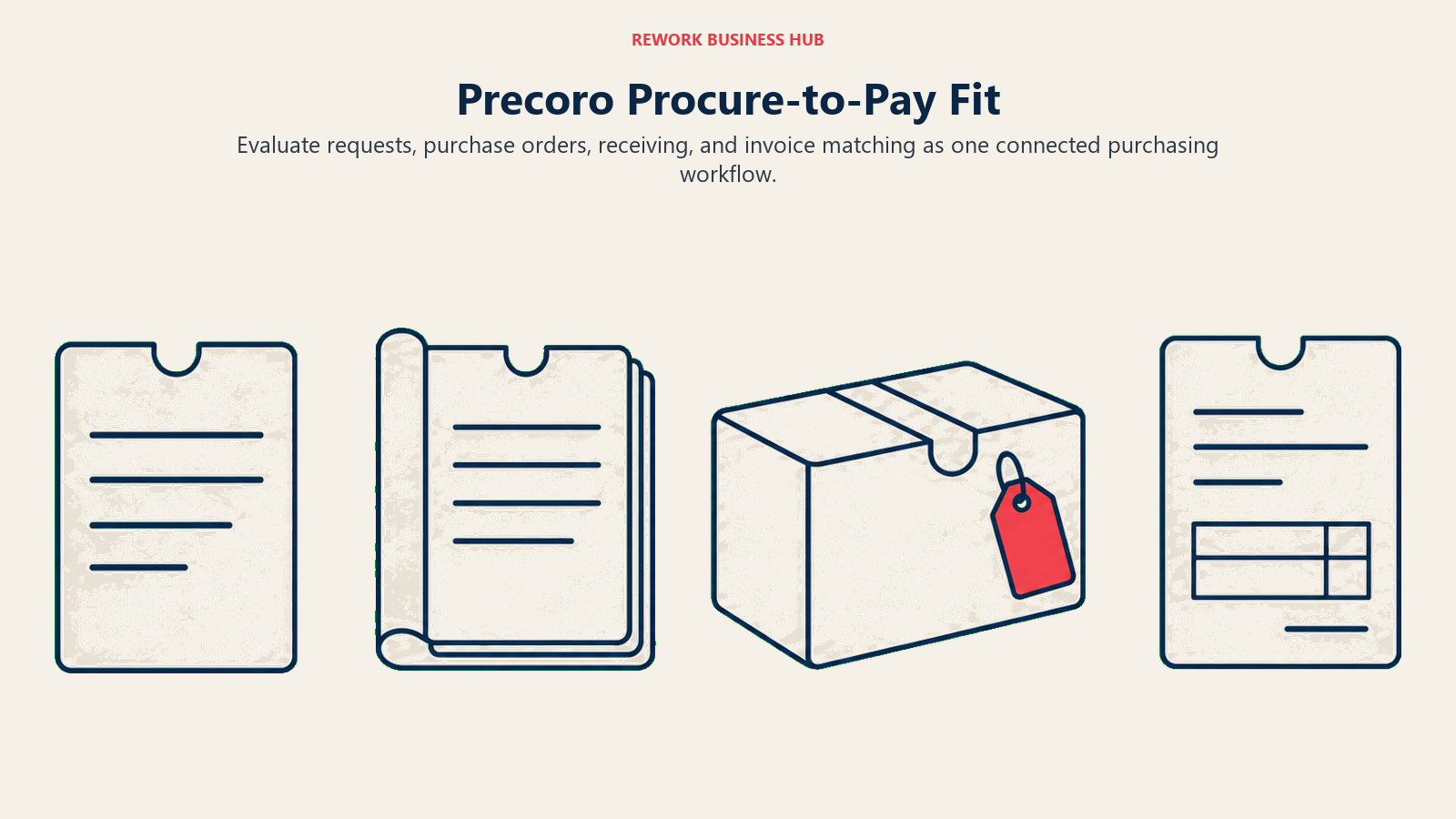 Precoro Procure-to-Pay Fit: procurement artifacts illustrating evaluate requests, purchase orders, receiving, and invoice matching as one connected purchasing workflow.