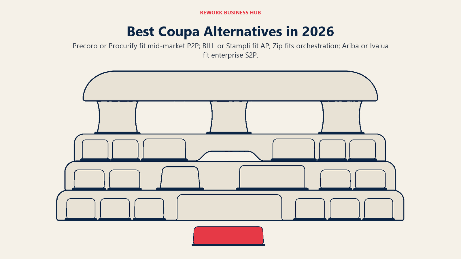 Best Coupa alternatives shown as nested AP, procure-to-pay, orchestration, and enterprise governance scopes with different price transparency
