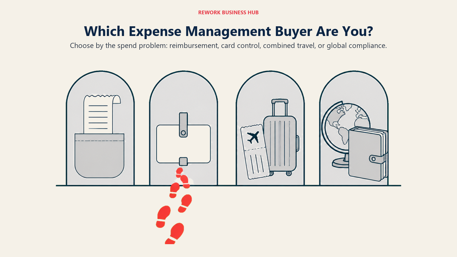 Four expense management buyer types shown as doorways for reimbursement, card controls, travel, and global compliance