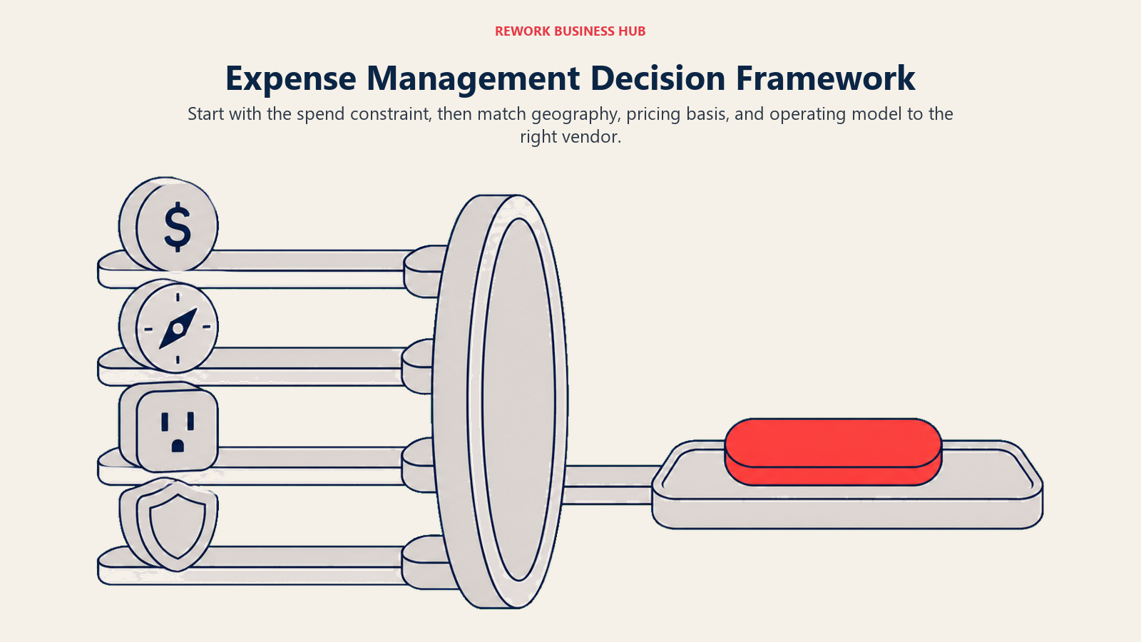 Expense management decision framework showing pricing, geography, accounting, and policy constraints converging on one shortlist