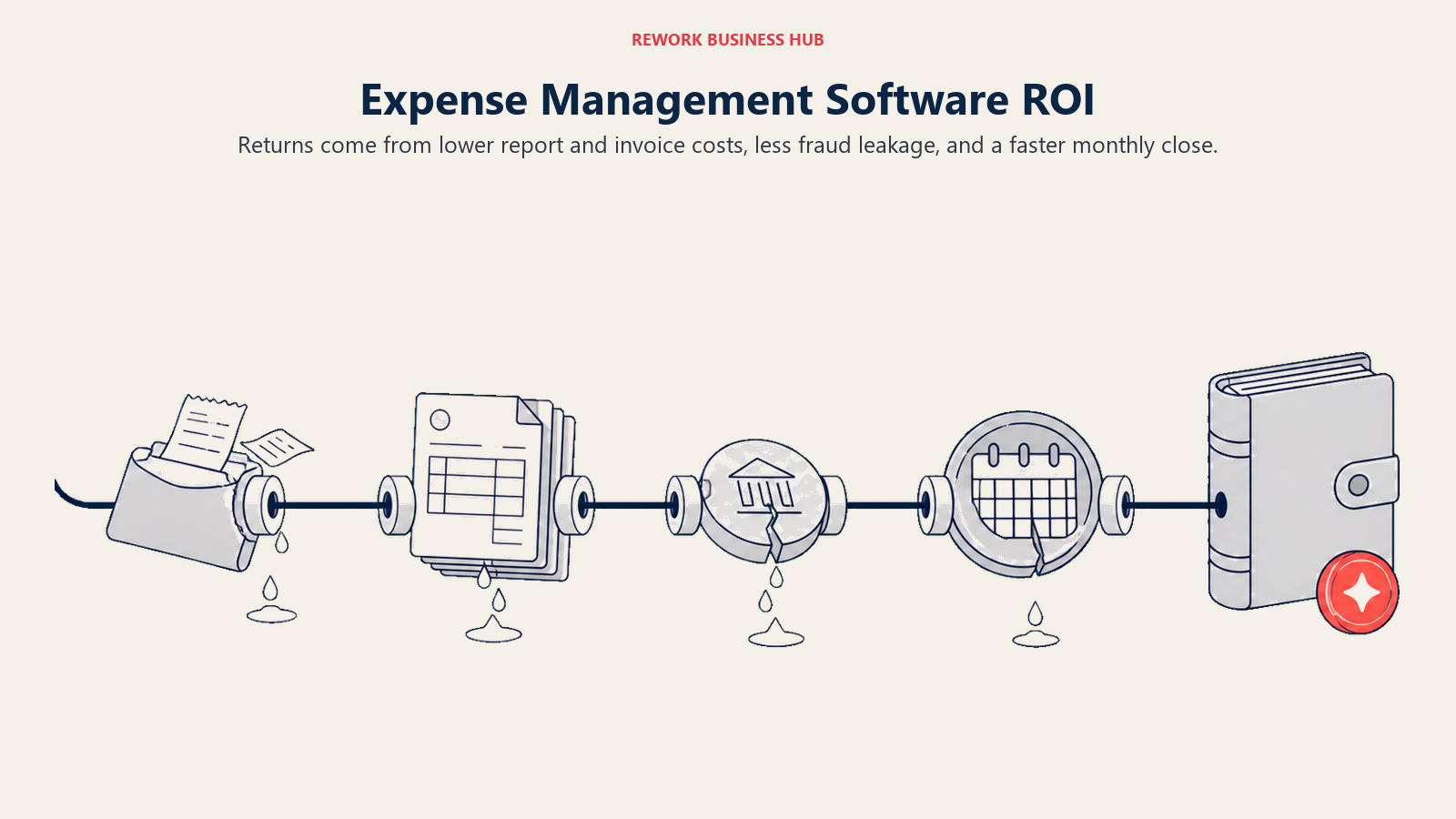 Expense management software ROI shown as automation stopping report, invoice, fraud, and close-speed losses