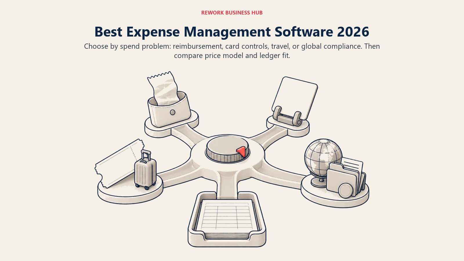 Best expense management software shown as a four-position selector for reimbursement, card controls, travel, and global compliance