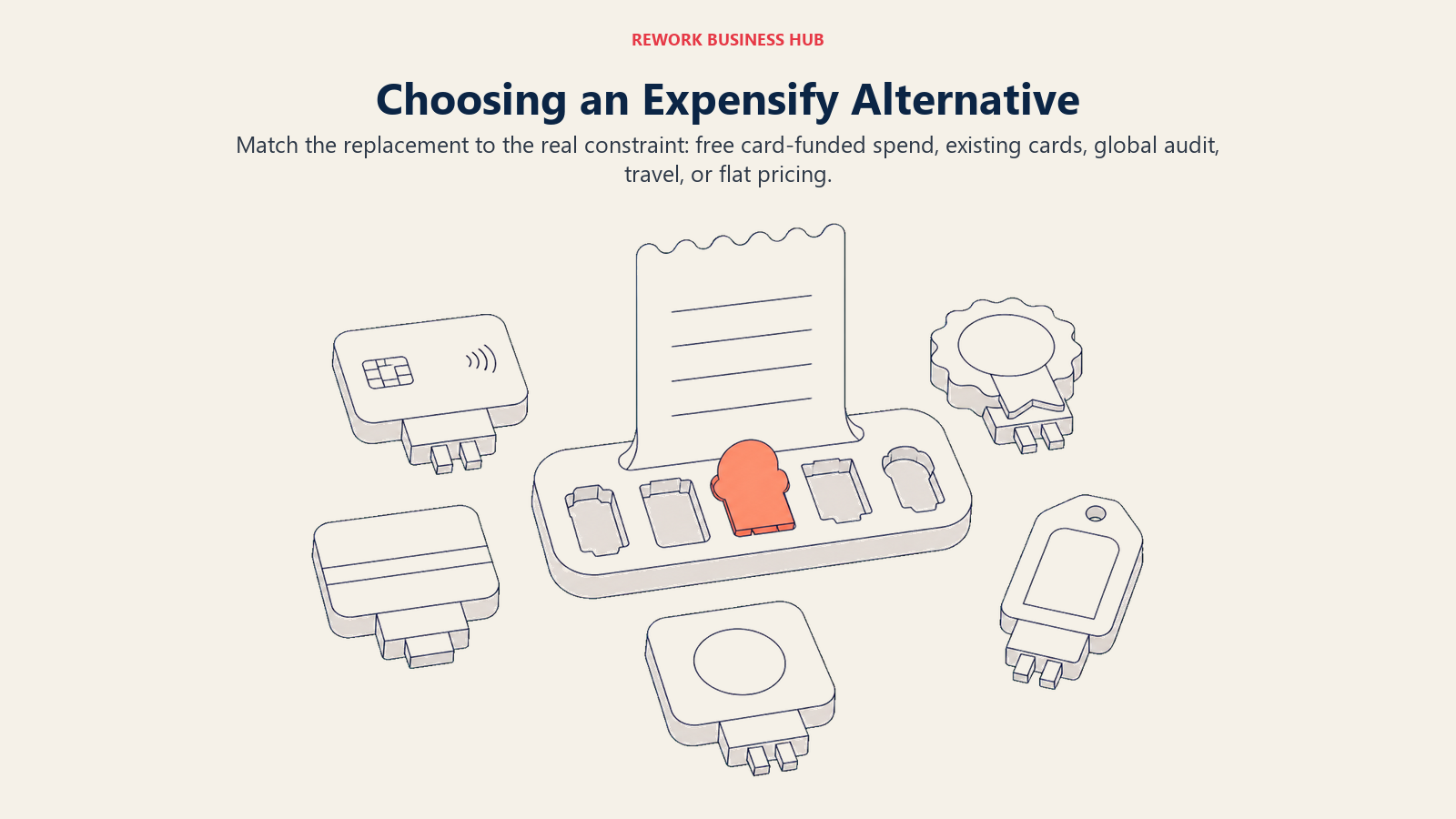 Expensify alternative decision framework shown as five expense constraints matched to a modular finance docking station
