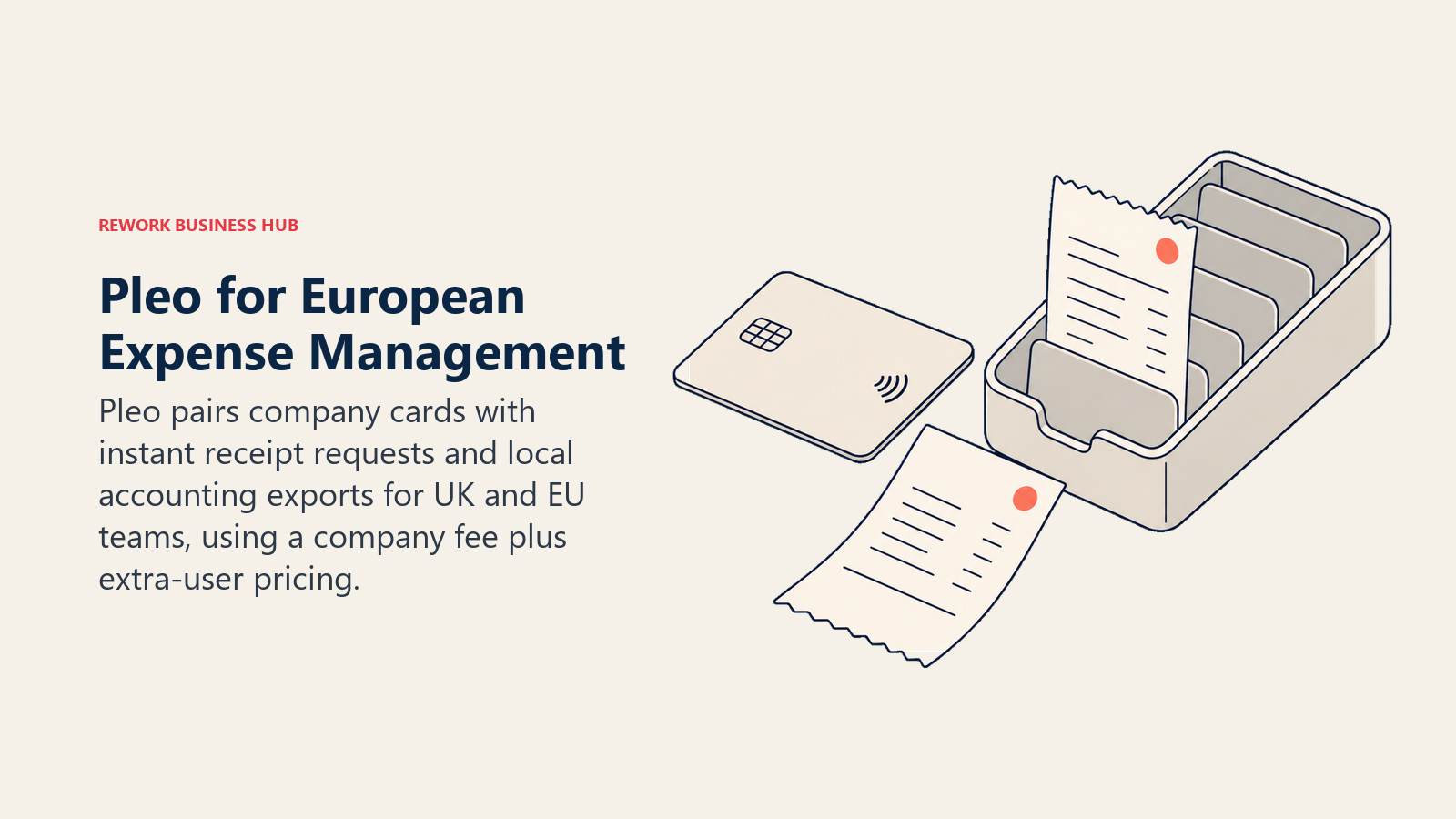 Pleo European expense management shown as a company card triggering instant receipt capture and a local accounting export
