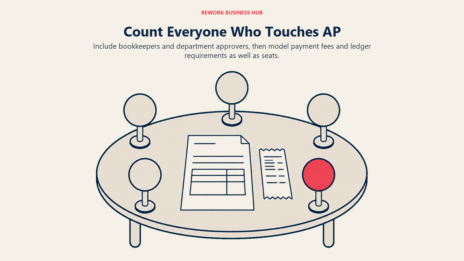 Count Everyone Who Touches AP: five review positions illustrating include bookkeepers and department approvers, then model payment fees and ledger requirements as well as seats.