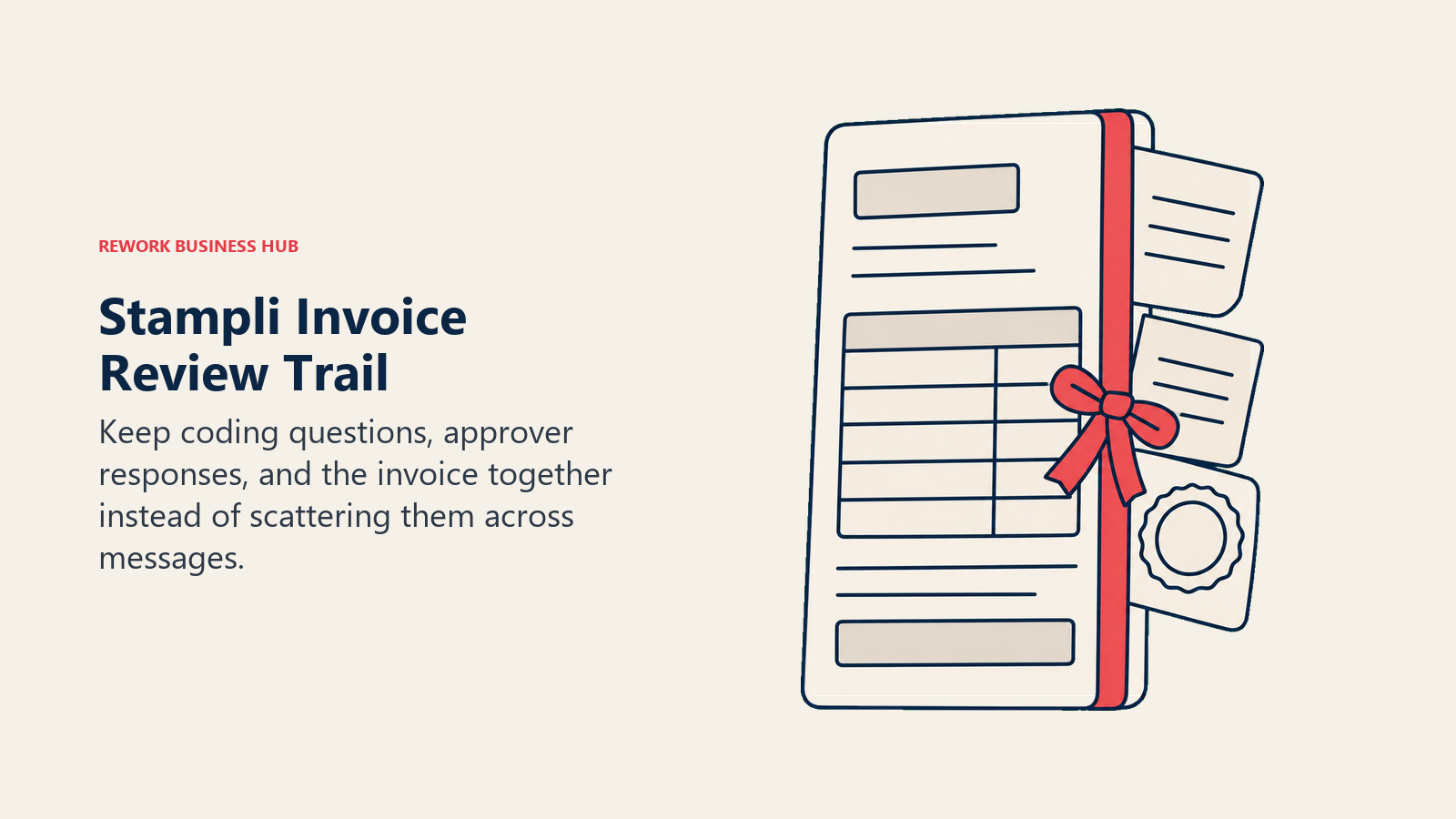 Stampli Invoice Review Trail: bound discussion illustrating keep coding questions, approver responses, and the invoice together instead of scattering them across messages.