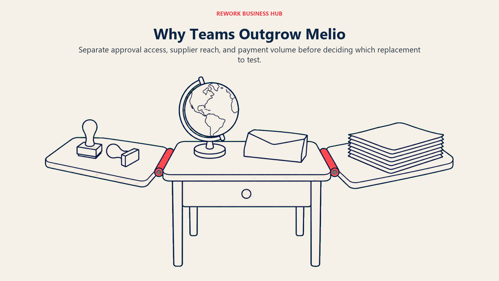 Why Teams Outgrow Melio: expanding workbench illustrating separate approval access, supplier reach, and payment volume before deciding which replacement to test.