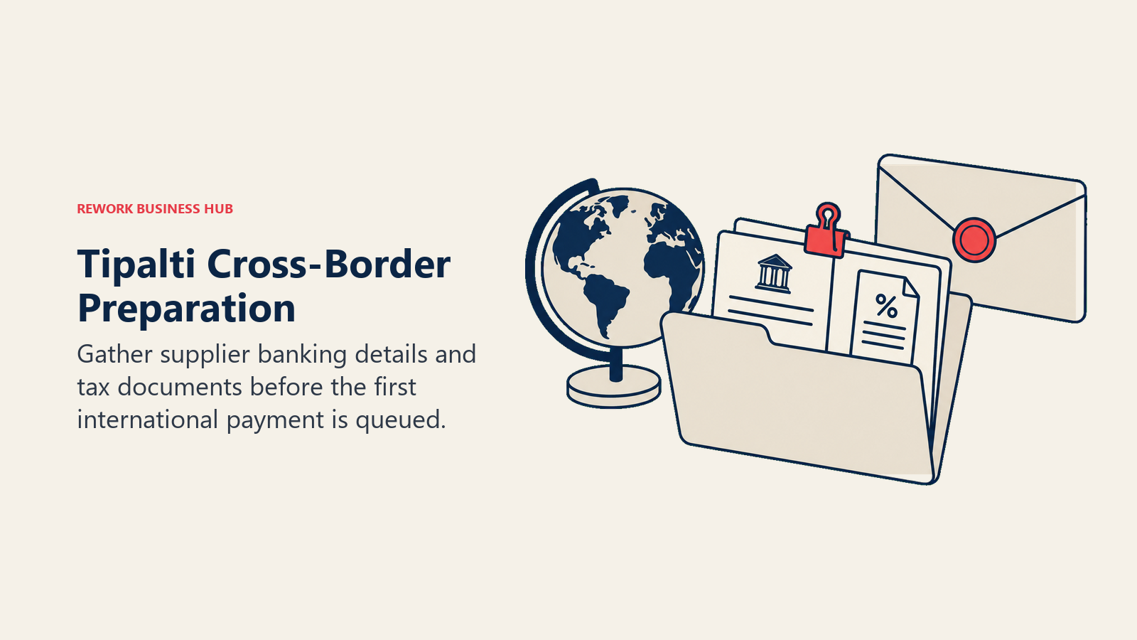 Tipalti Cross-Border Preparation: supplier travel kit illustrating gather supplier banking details and tax documents before the first international payment is queued.
