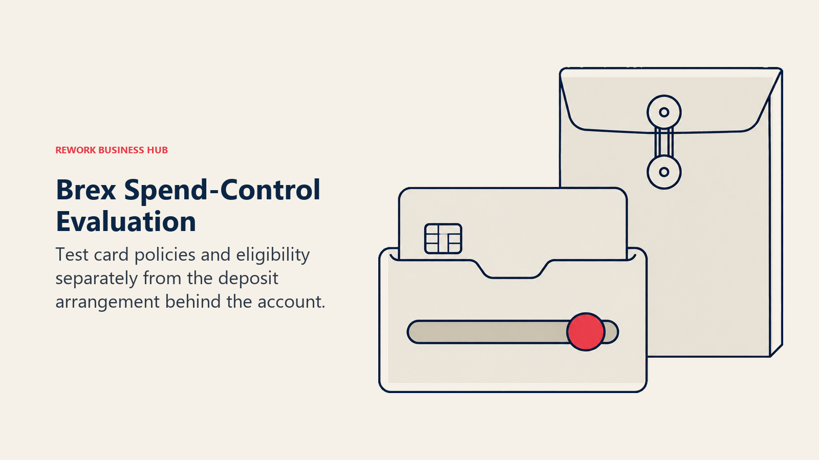 Brex Spend-Control Evaluation: card policy sleeve illustrating test card policies and eligibility separately from the deposit arrangement behind the account.