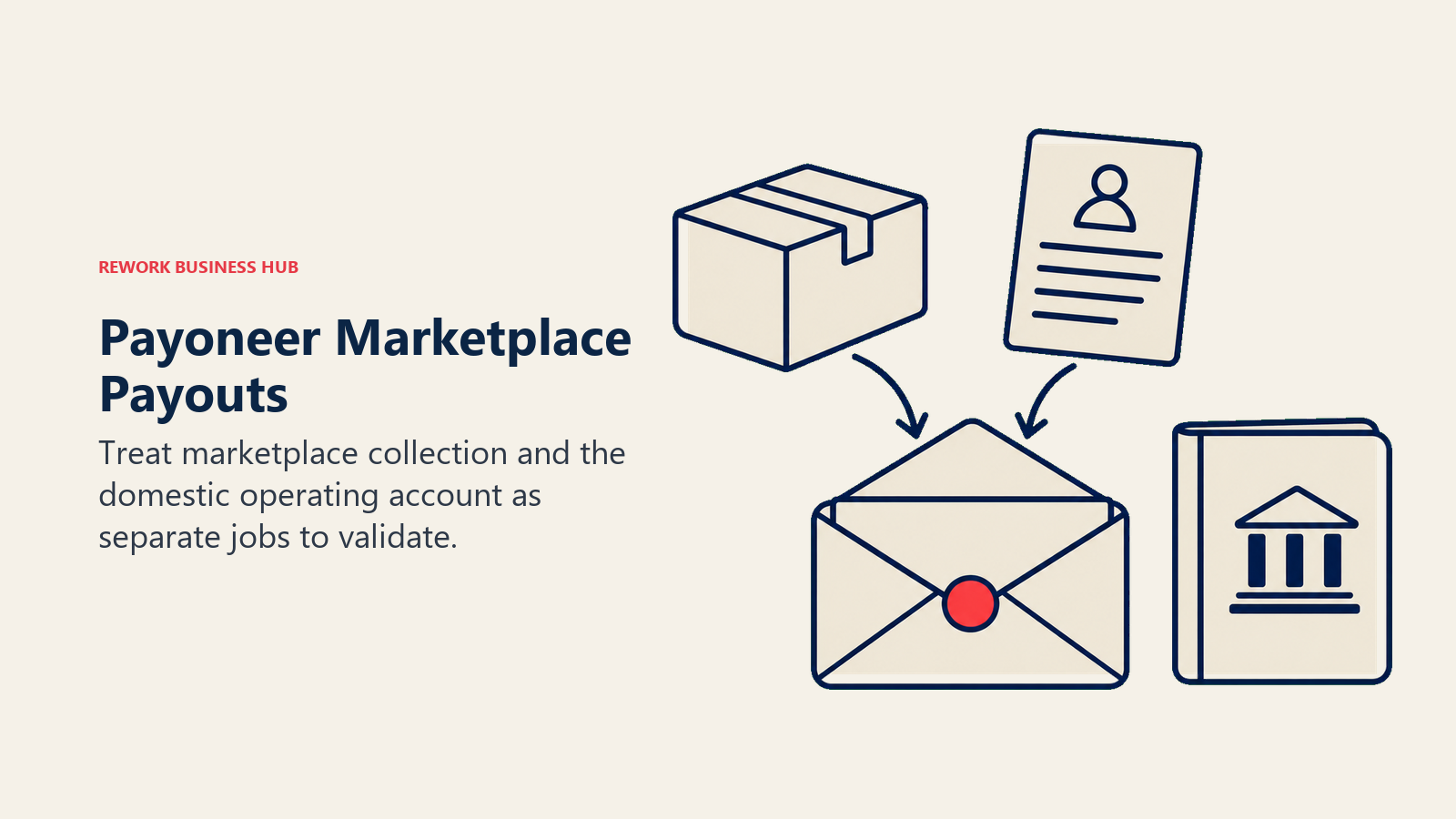 Payoneer Marketplace Payouts: marketplace envelope illustrating treat marketplace collection and the domestic operating account as separate jobs to validate.