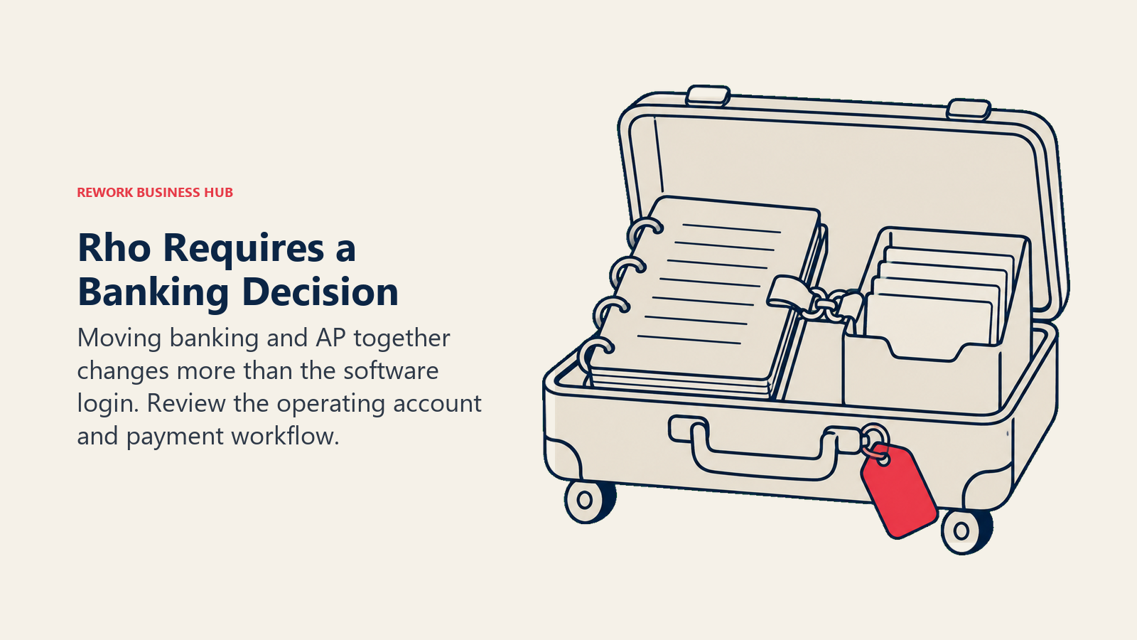 Rho Requires a Banking Decision: linked suitcase illustrating moving banking and AP together changes more than the software login. Review the operating account and payment workflow.