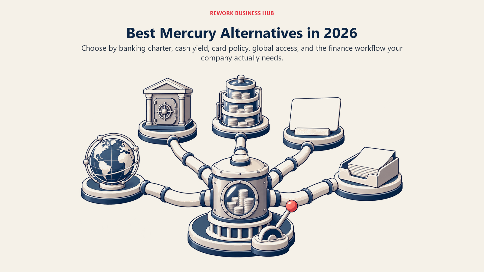 Best Mercury alternatives shown as a business cash switchyard routing to chartered banking, yield, card controls, global access, and AP