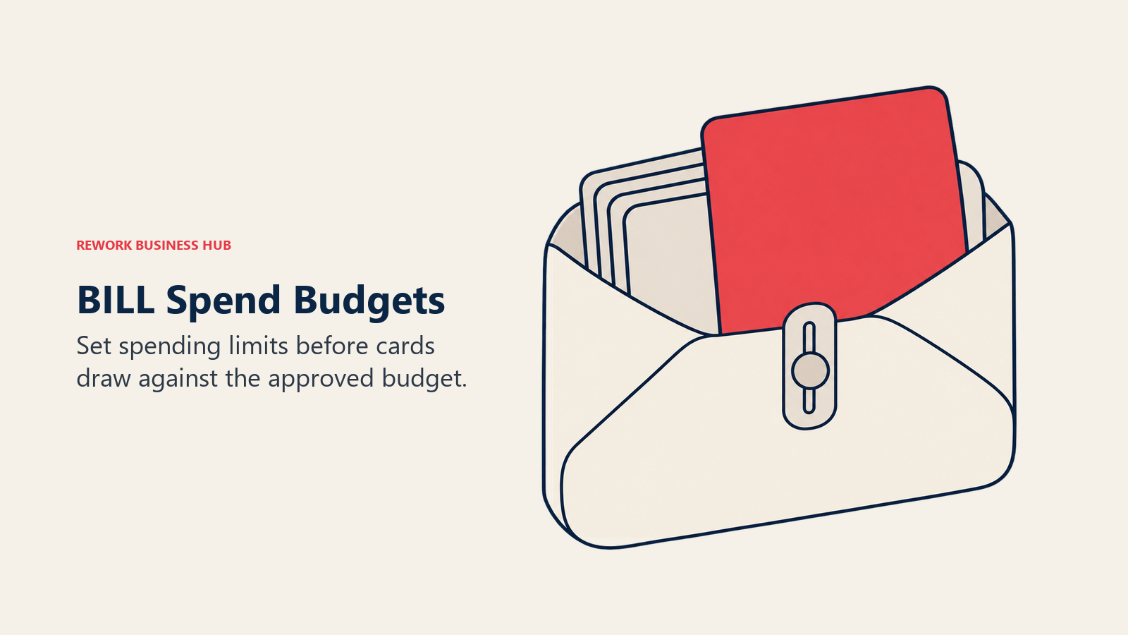 BILL Spend Budgets: A budget envelope holds a prominent coral card among other payment cards.