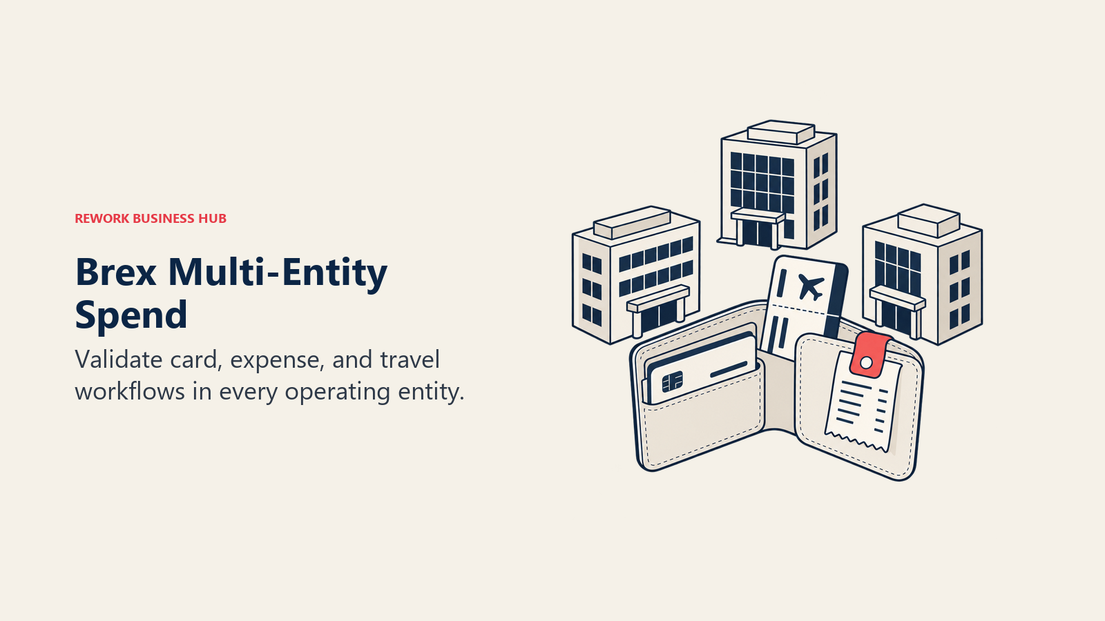Brex Multi-Entity Spend: Three office buildings sit behind a travel wallet containing card and receipt records.