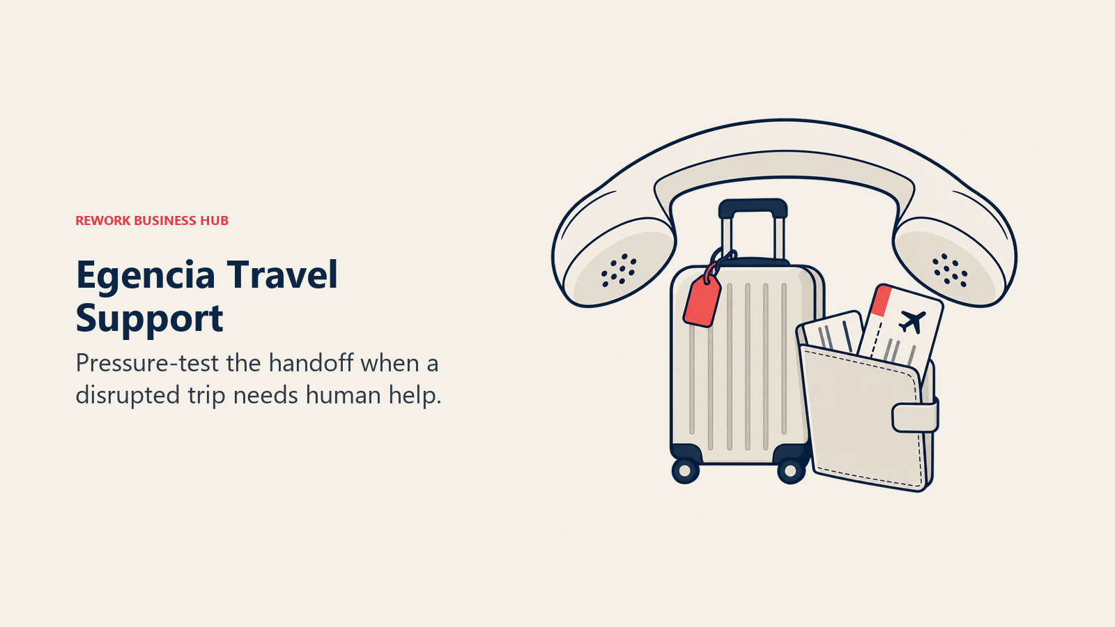 Egencia Travel Support: A telephone handset arches over luggage and a flight ticket to represent disruption support.