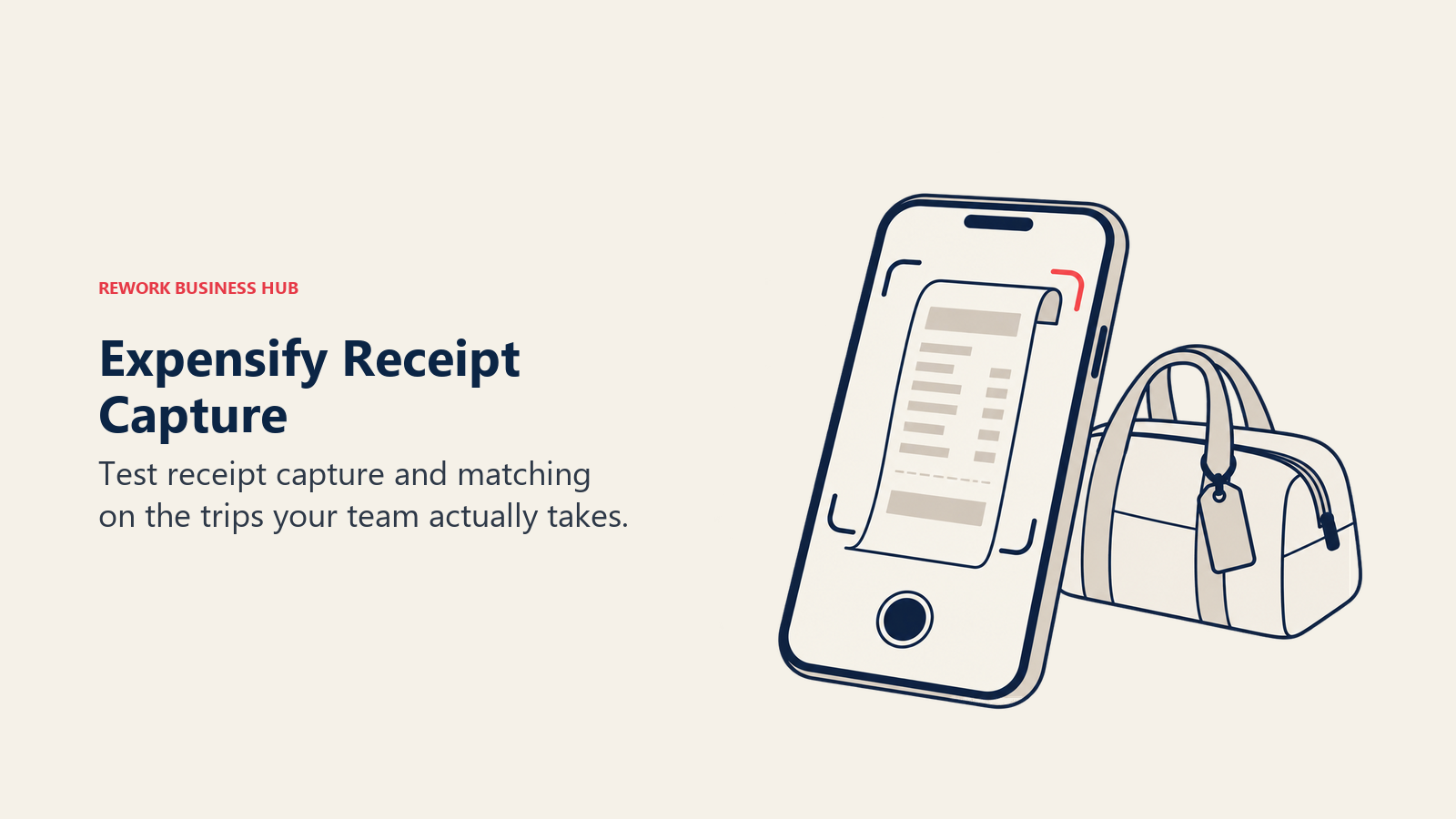 Expensify Receipt Capture: A phone frames a receipt scan beside a travel bag.