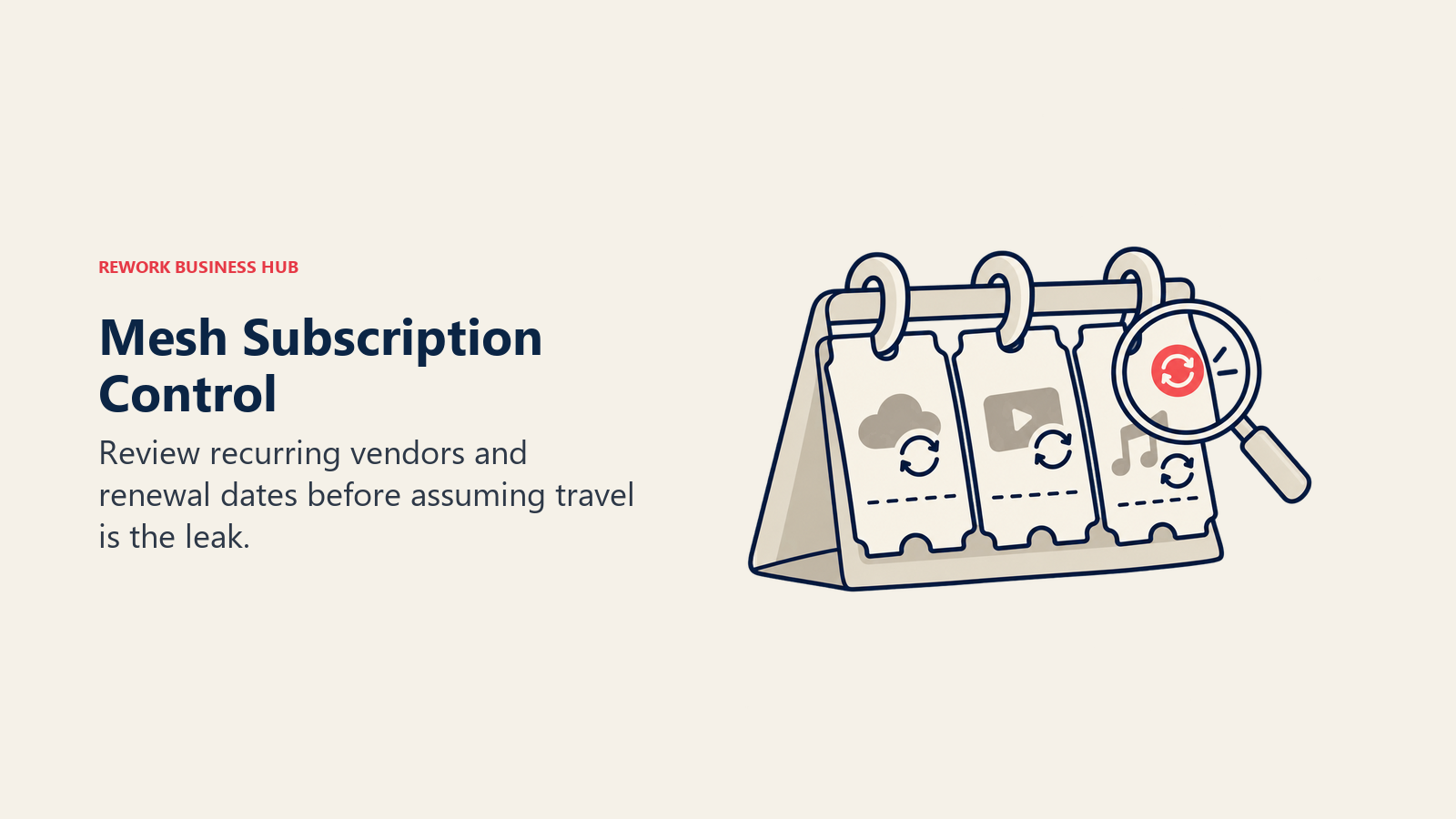 Mesh Subscription Control: Recurring subscription slips hang on a stand under a magnifying glass.