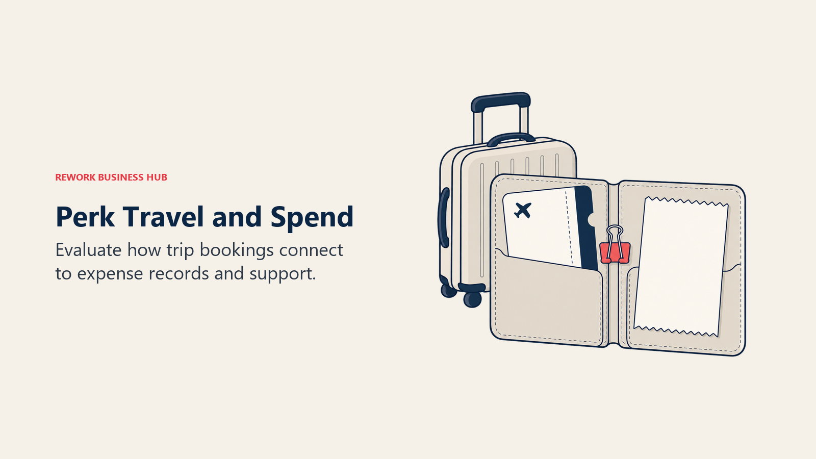 Perk Travel and Spend: A suitcase and open travel wallet connect a trip ticket with its expense receipt.