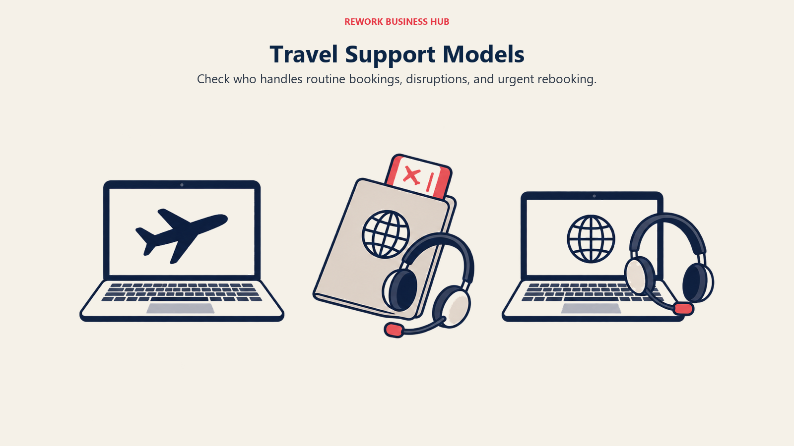 Travel Support Models: Laptop booking, a staffed headset, and a combined laptop and headset represent three travel support models.