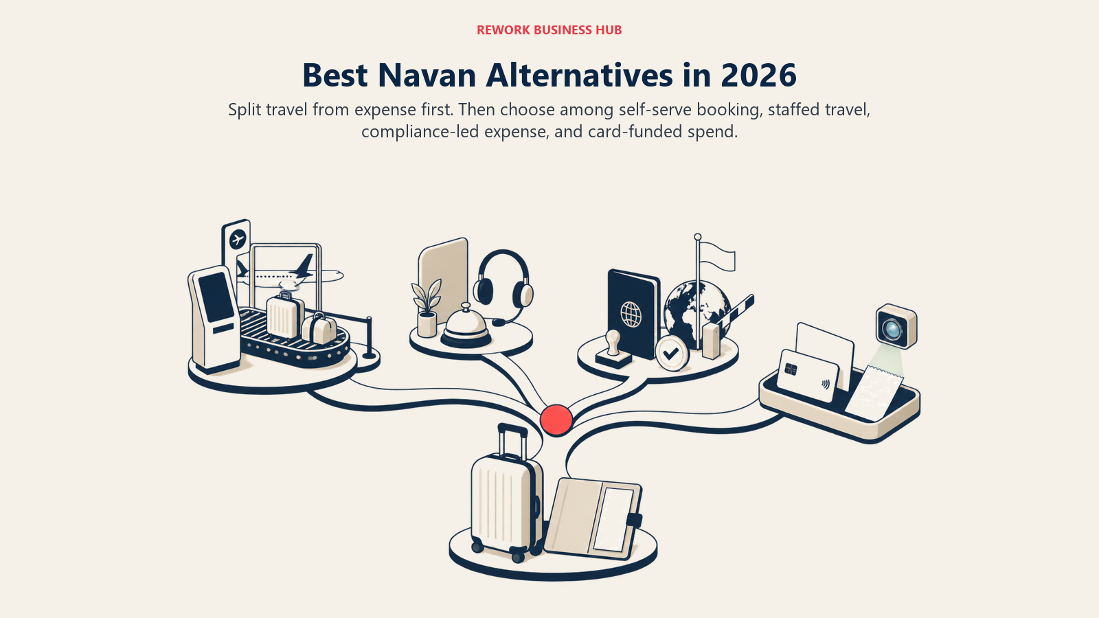 Travel and expense route branching toward self-serve booking, human travel support, compliance, and card-funded spend options