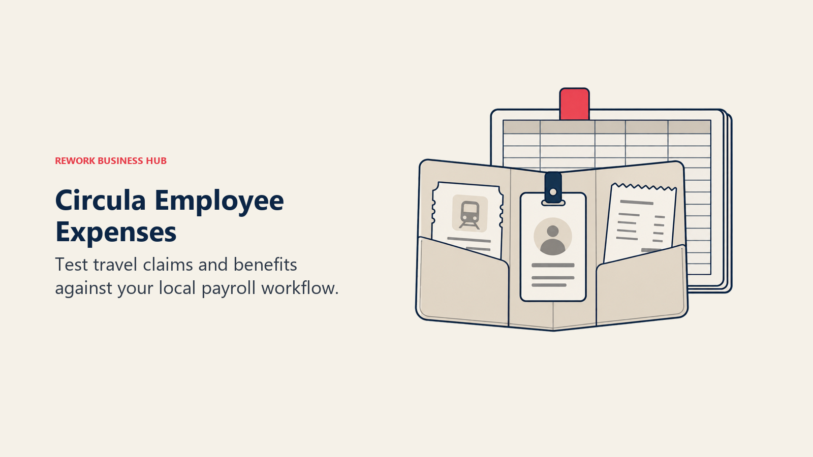 Circula Employee Expenses: An employee badge, travel ticket, and receipt sit in front of a payroll ledger.