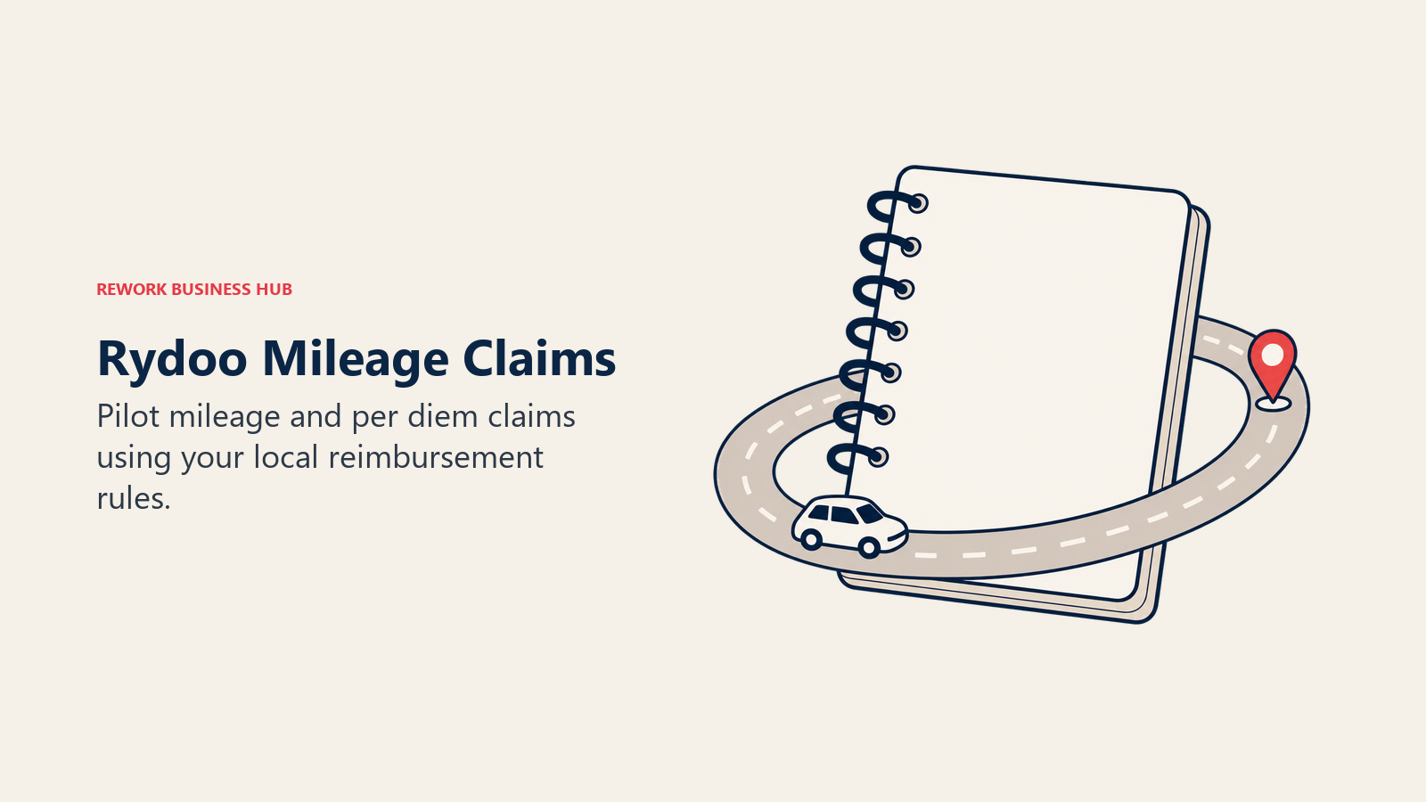 Rydoo Mileage Claims: A road loops around a mileage notebook with a car and location marker.