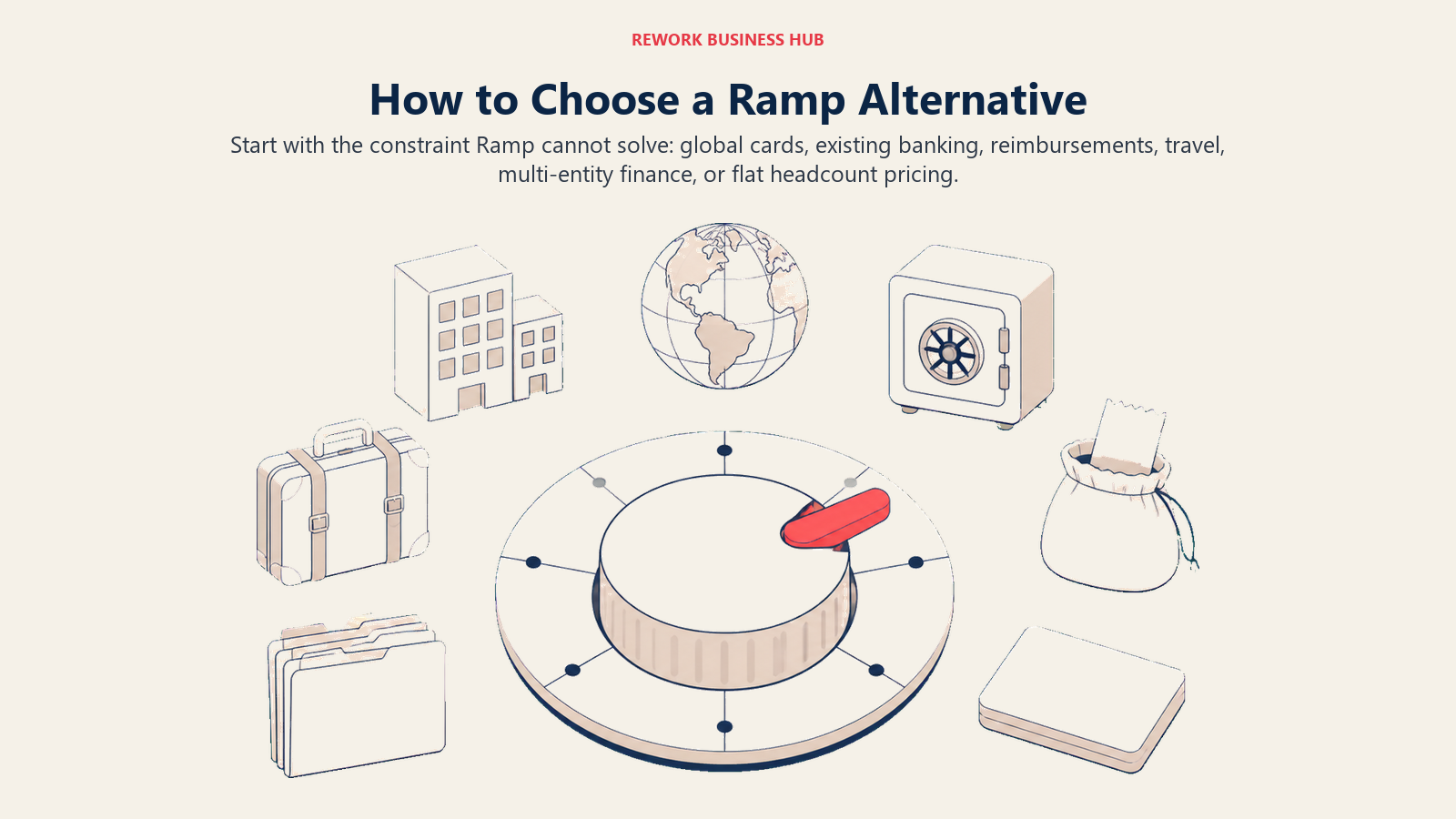 Ramp alternative decision framework shown as a selector for global cards, banking, travel, reimbursements, and multi-entity finance