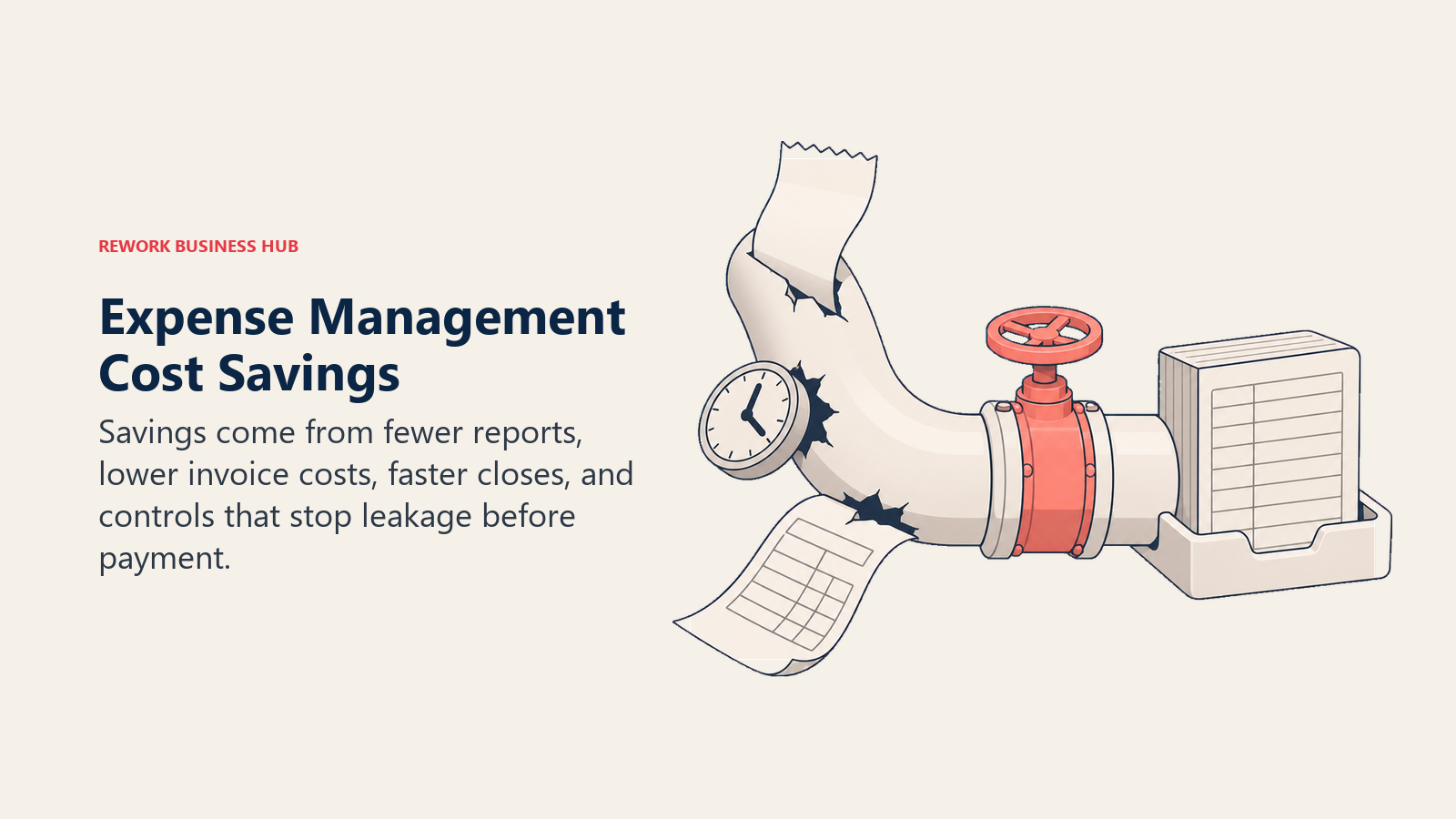 Expense management cost savings shown as a policy valve stopping report, invoice, time, and leakage costs