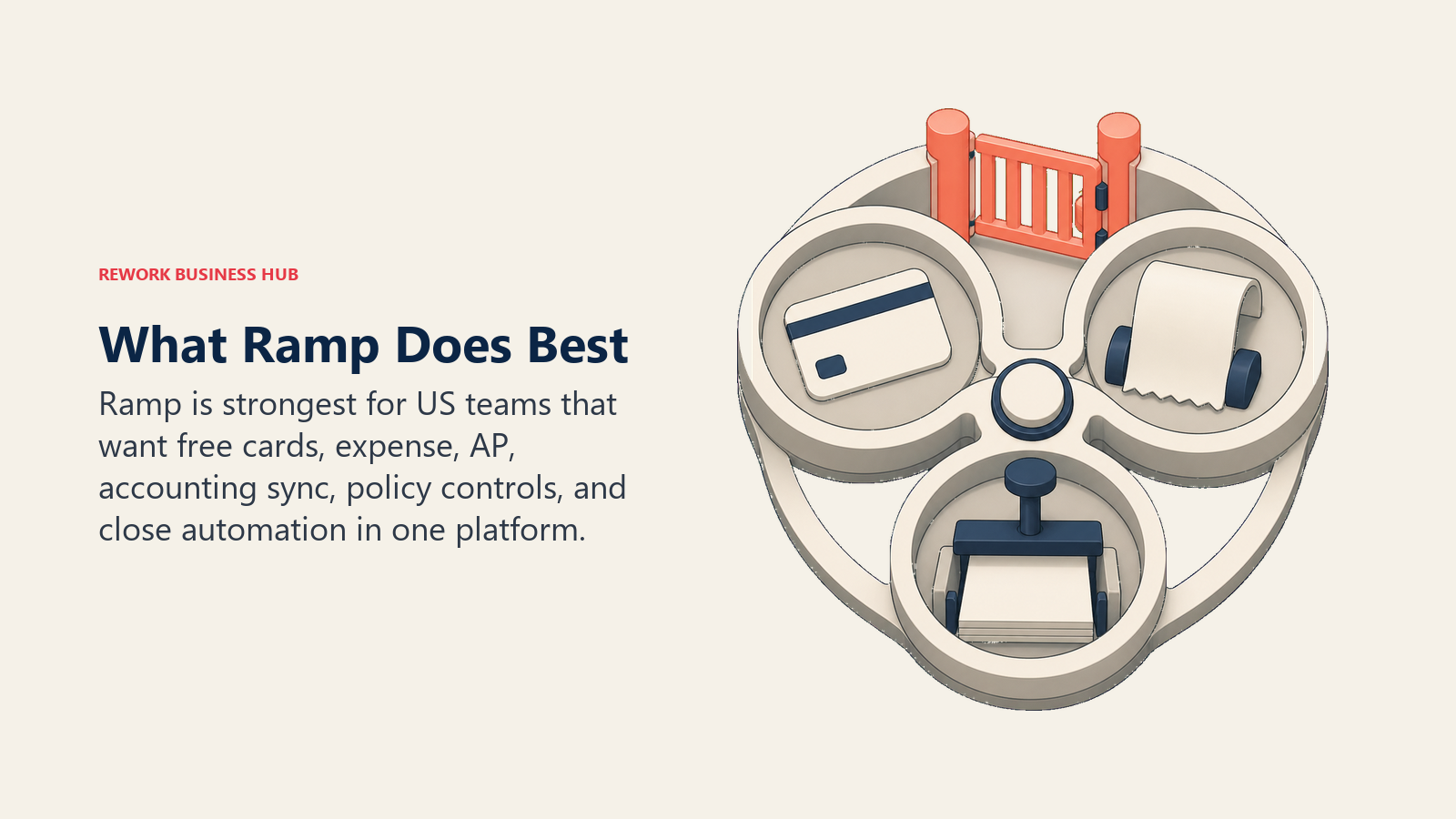 What Ramp does best shown as an integrated flywheel for cards, receipt matching, invoice processing, and policy control