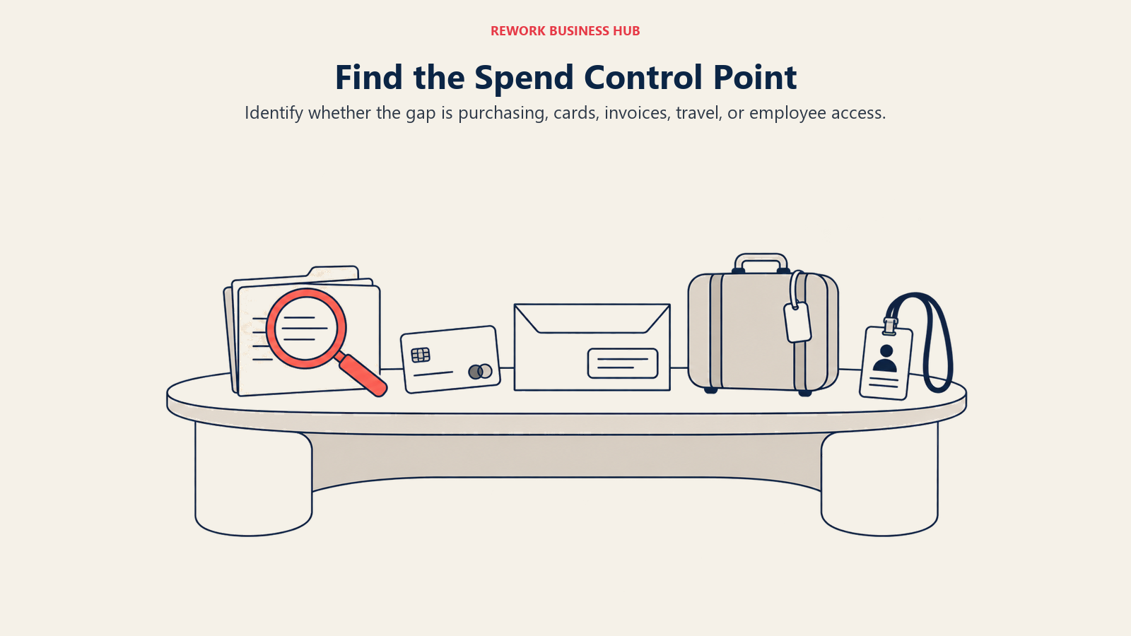 Find the Spend Control Point: A workbench holds purchasing records, a card, an invoice envelope, a suitcase, and an employee badge.