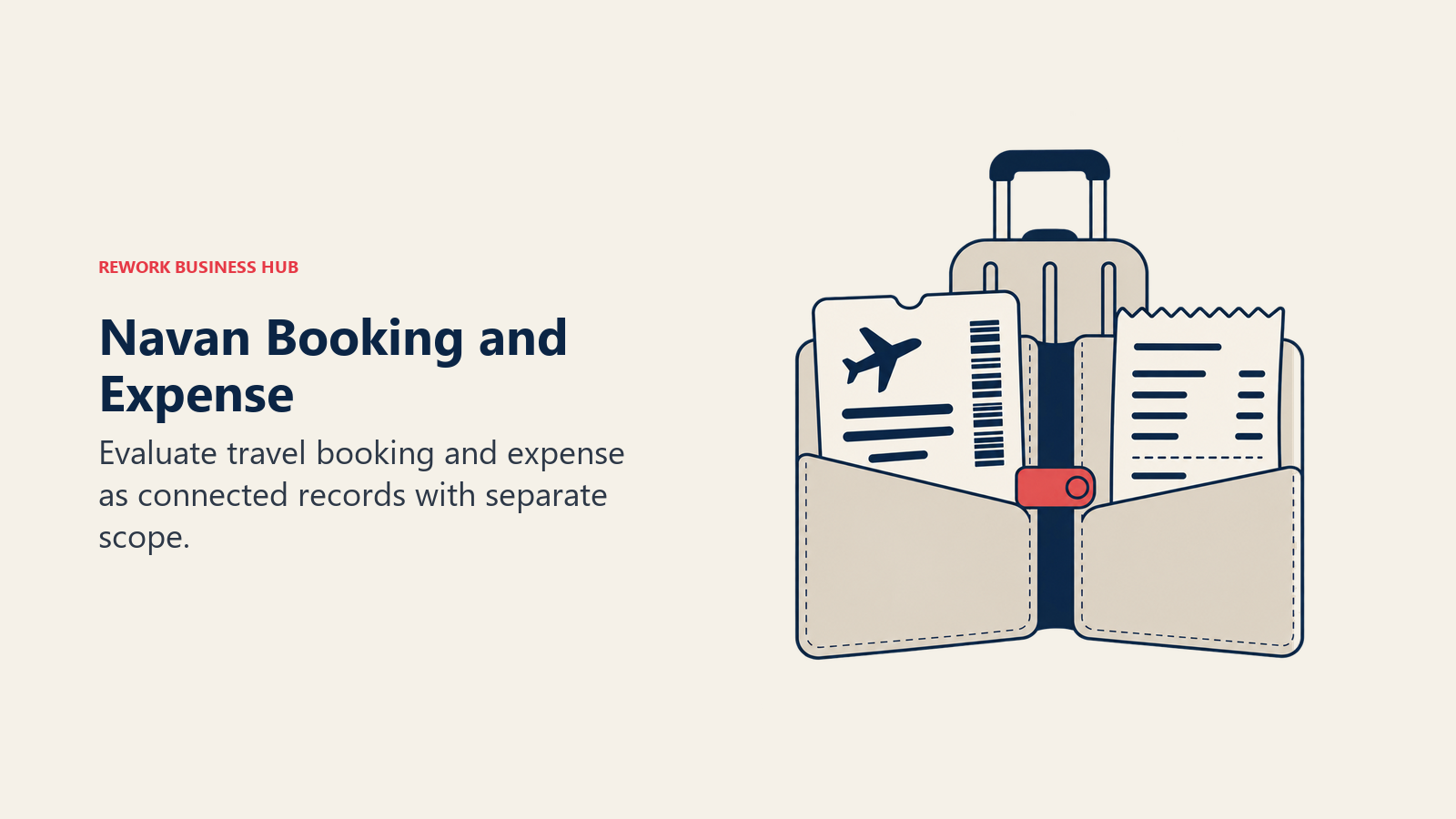 Navan Booking and Expense: A travel wallet links a flight ticket and expense receipt in front of luggage.