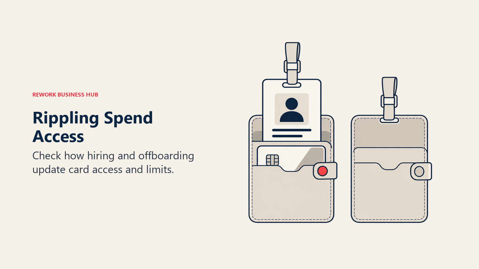 Rippling Spend Access: An active employee badge and card holder sit beside an empty holder for offboarding.