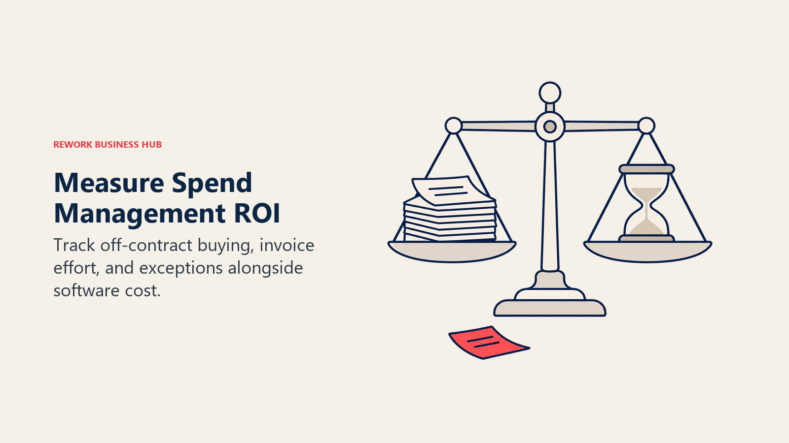 Measure Spend Management ROI: A balance weighs processing time against invoices with a separate exception slip.
